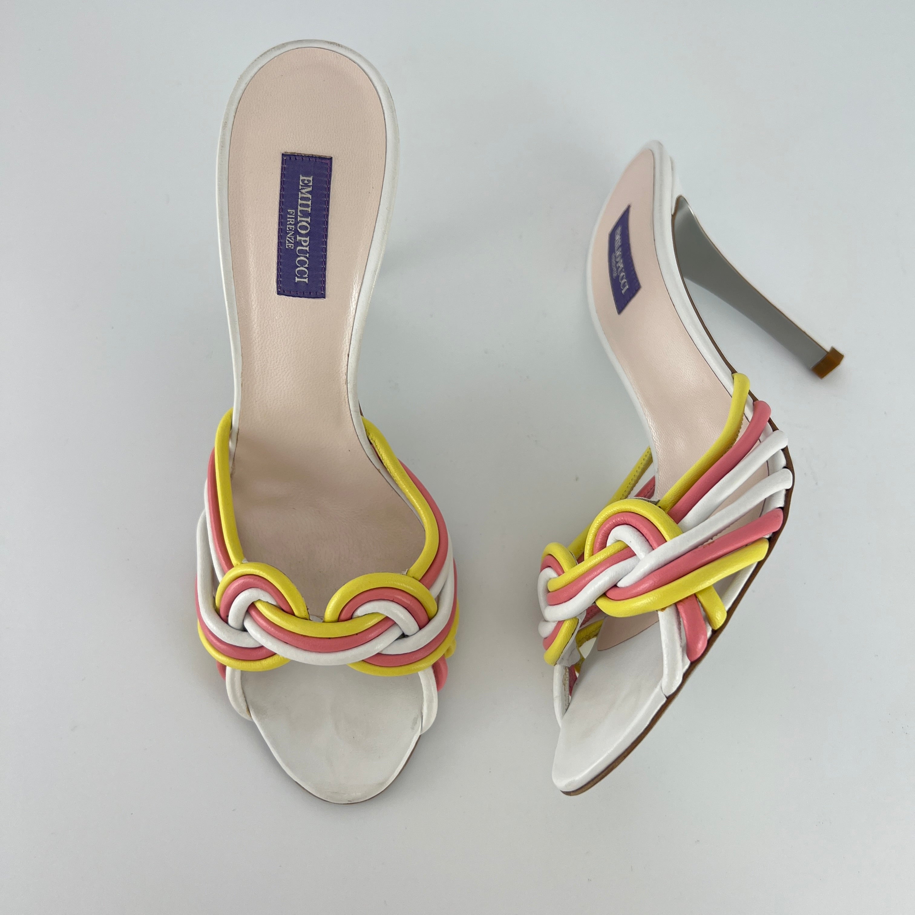 Pucci | Vintage Pink Yellow Twisted Straps Open Toe Mules (38)