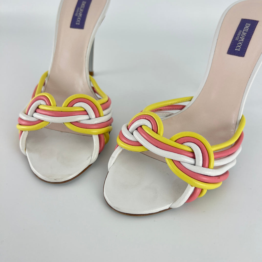 Pucci | Vintage Pink Yellow Twisted Straps Open Toe Mules (38)
