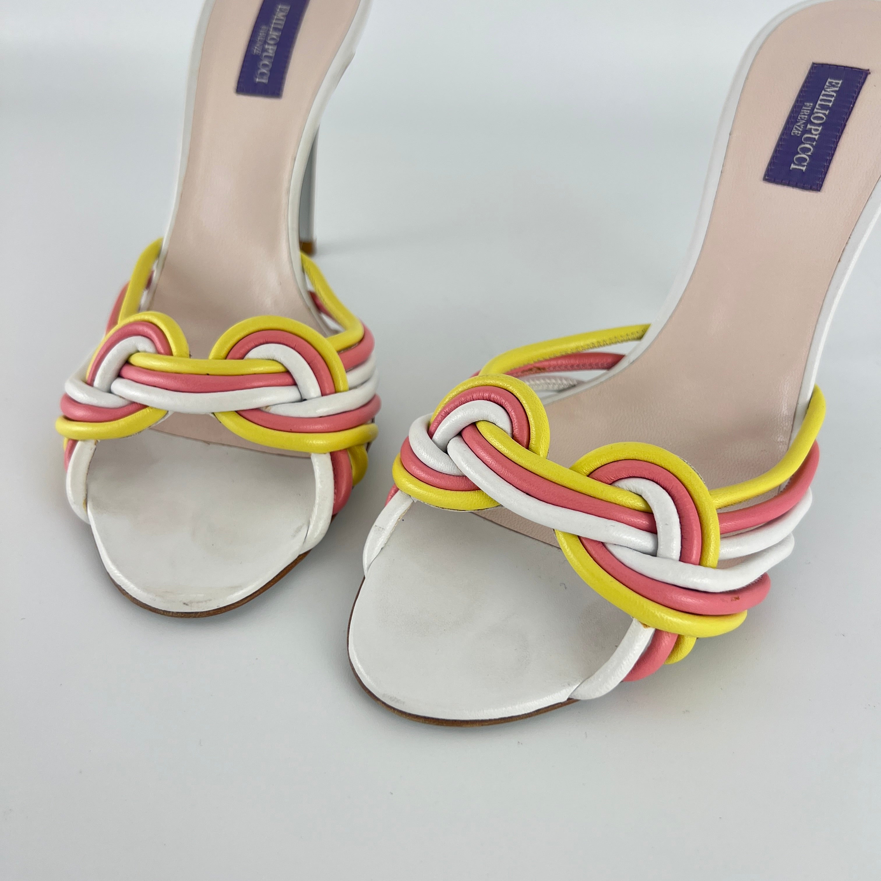 Pucci | Vintage Pink Yellow Twisted Straps Open Toe Mules (38)