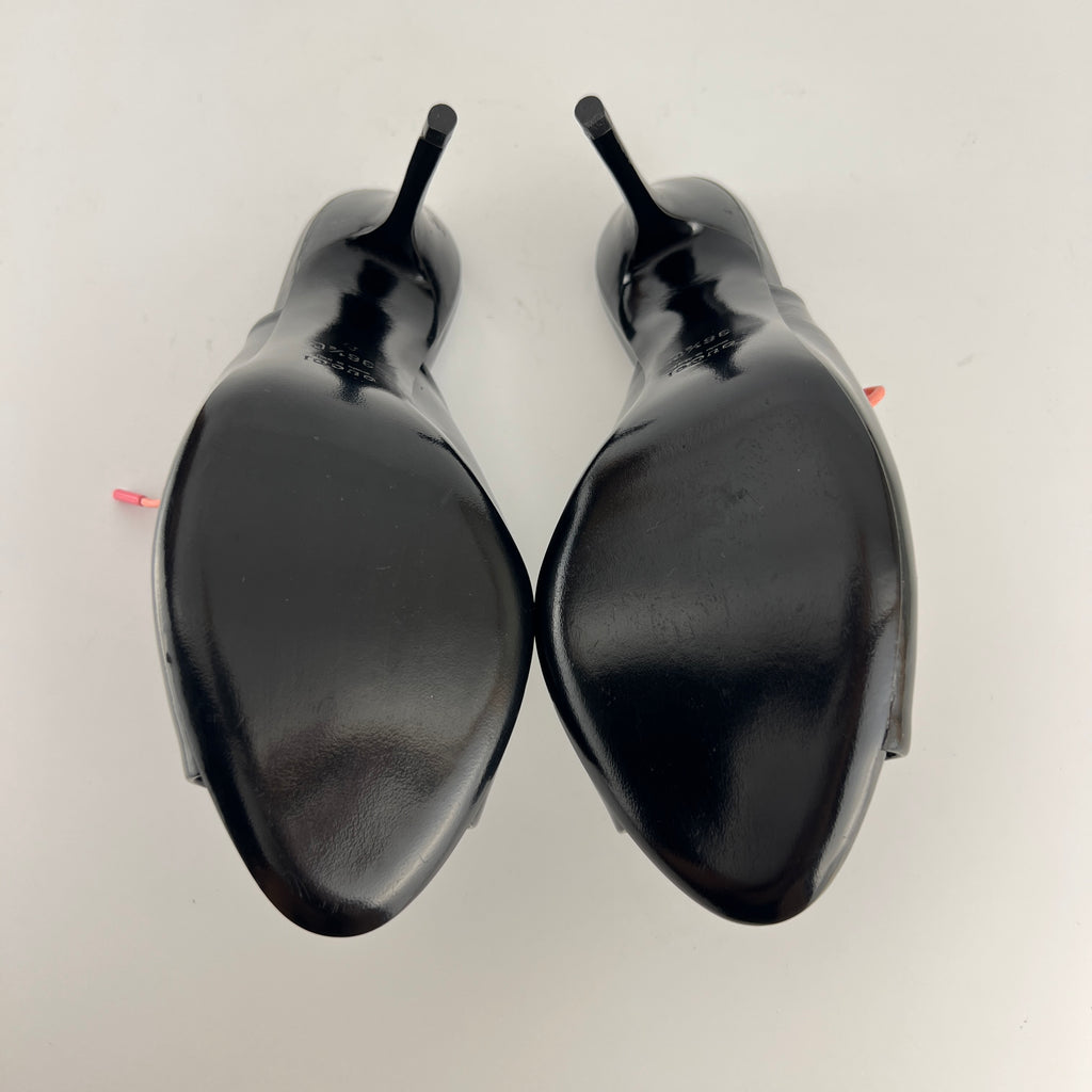 Gucci | Black Patent Leather Pink Lace Up Slide Mules (36.5)