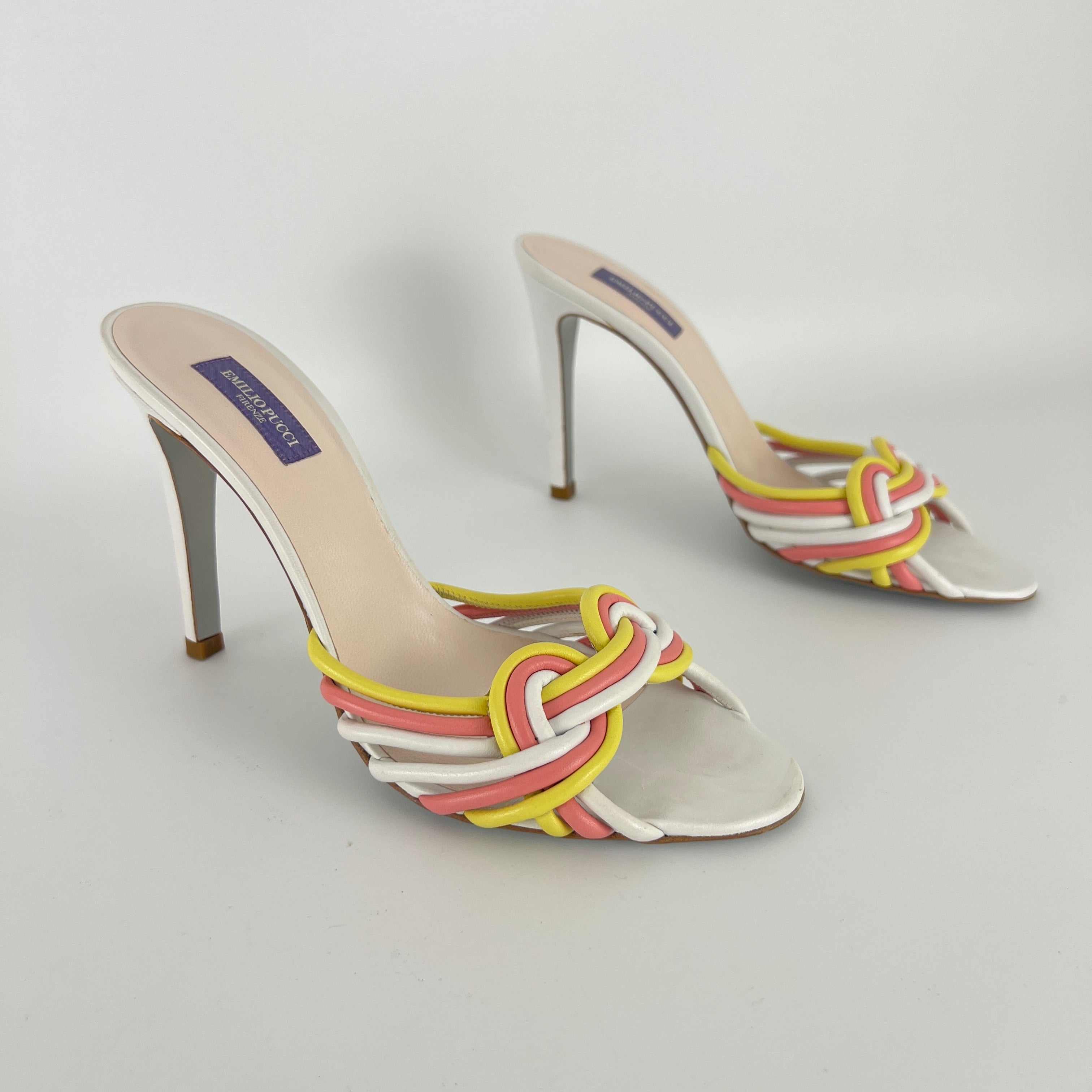 Pucci | Vintage Pink Yellow Twisted Straps Open Toe Mules (38)