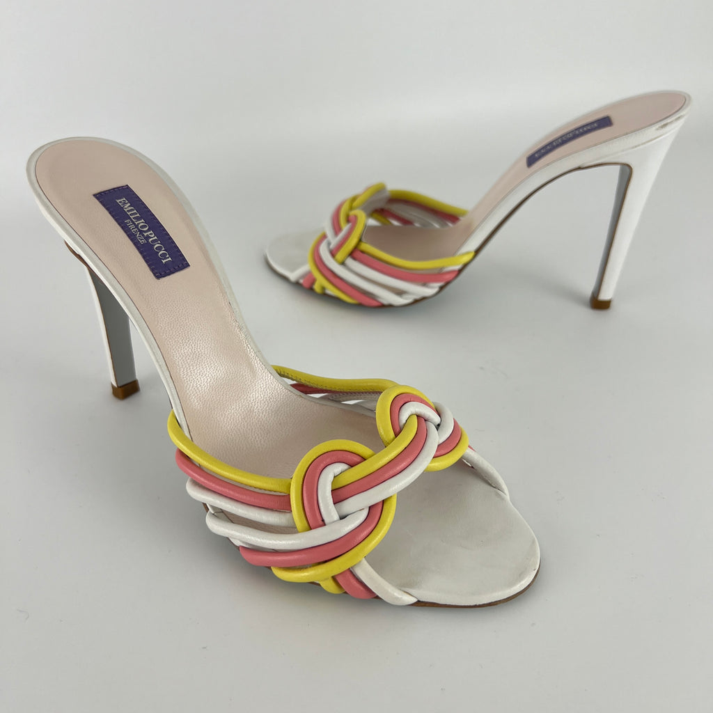 Pucci | Vintage Pink Yellow Twisted Straps Open Toe Mules (38)