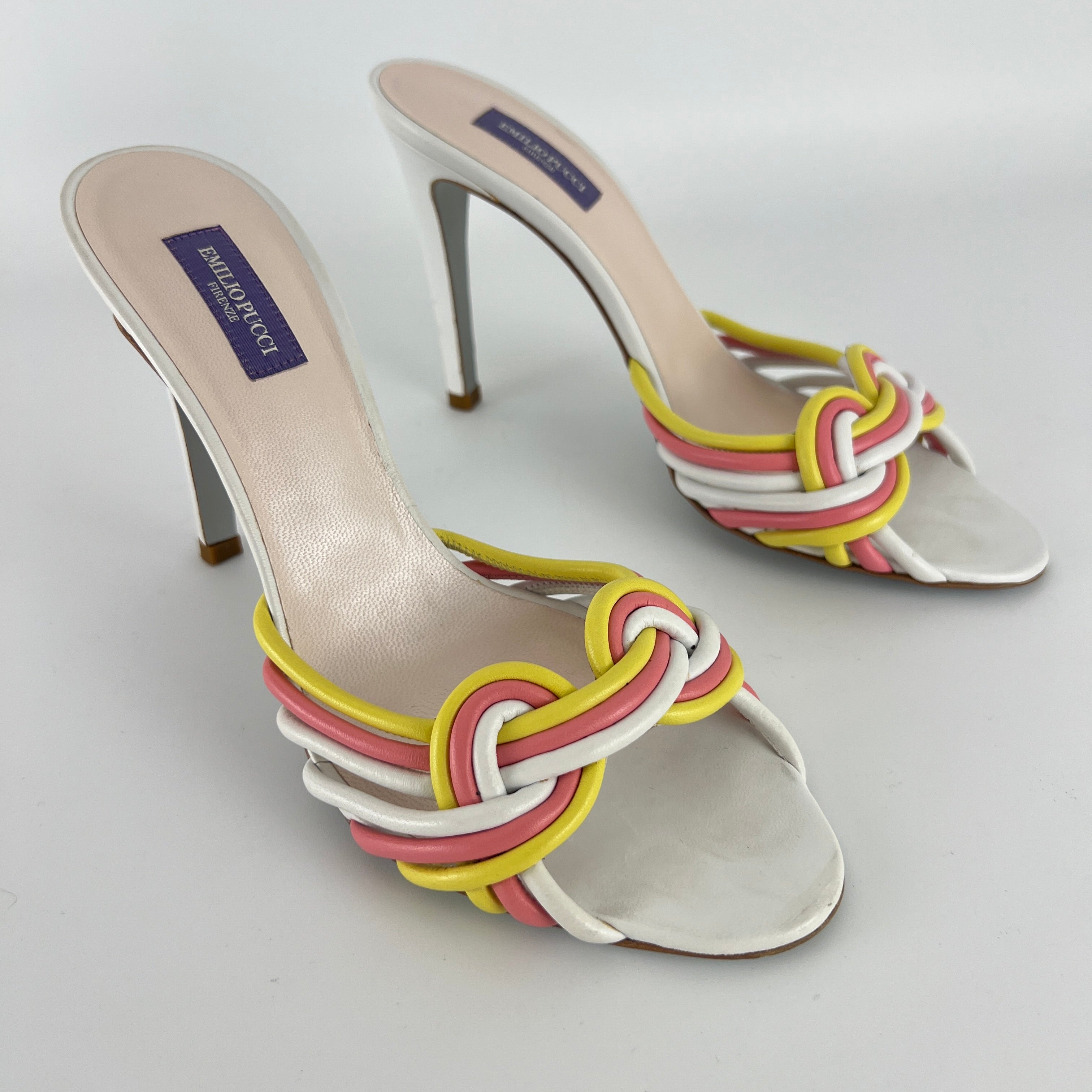 Pucci | Vintage Pink Yellow Twisted Straps Open Toe Mules (38)