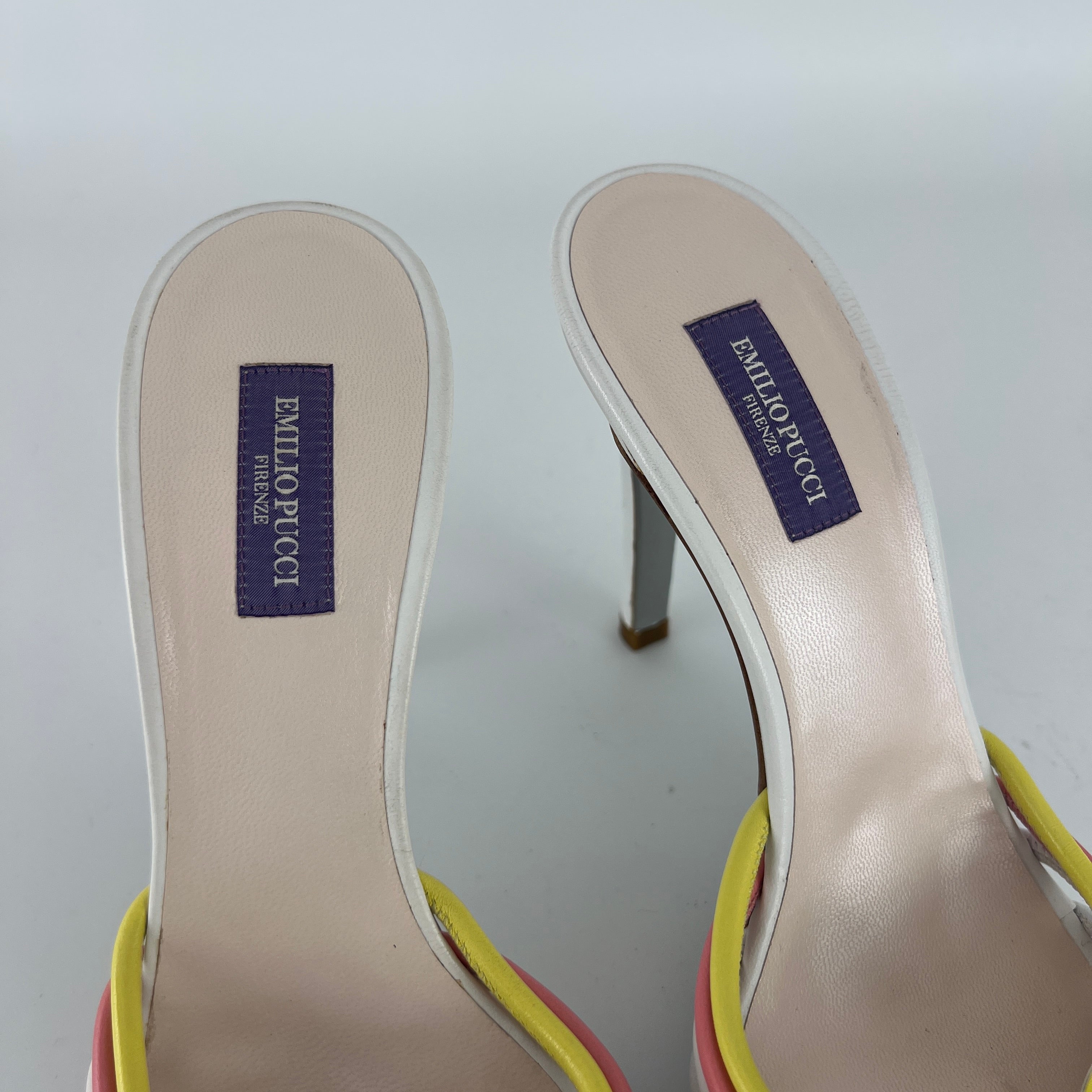 Pucci | Vintage Pink Yellow Twisted Straps Open Toe Mules (38)