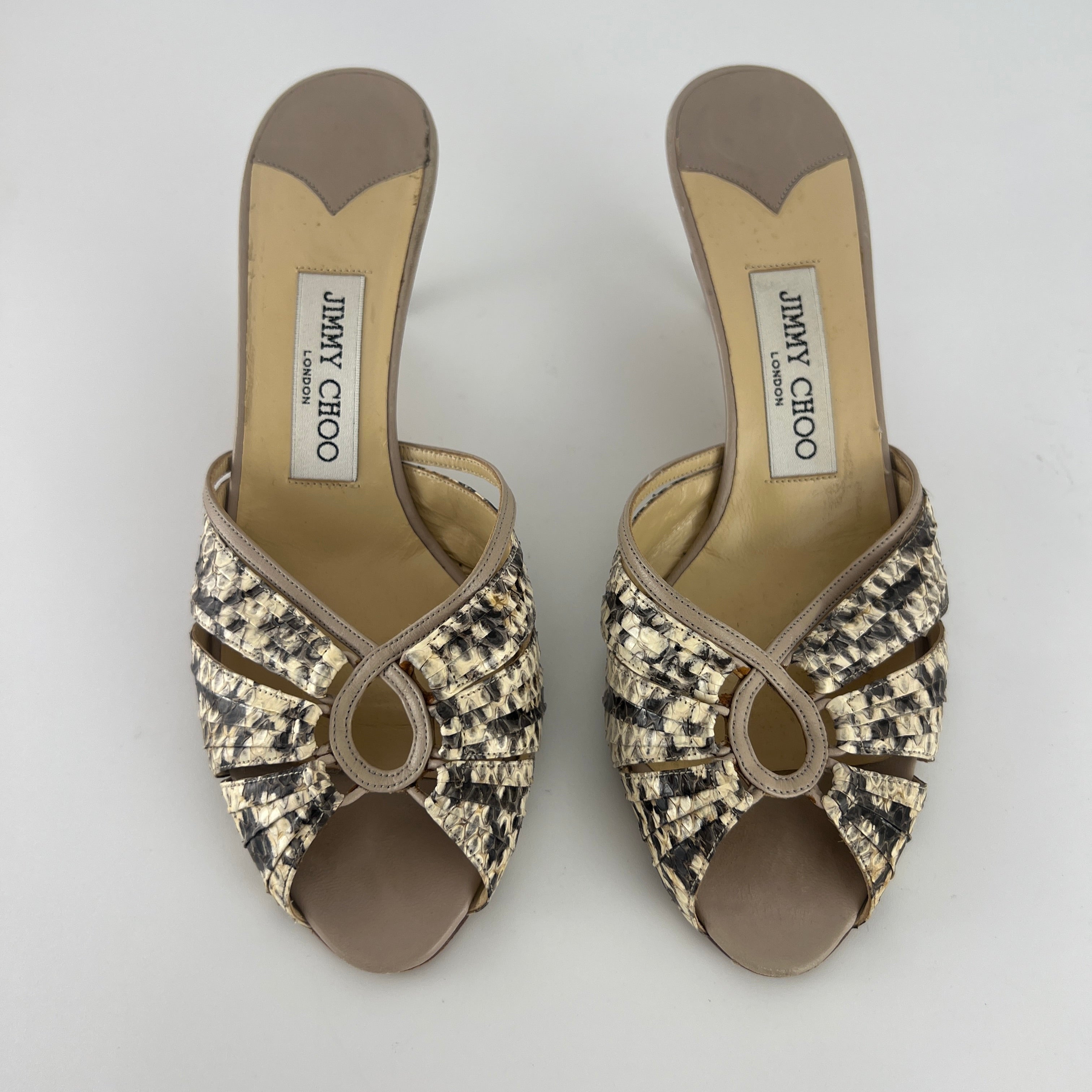 Jimmy Choo | Snake Leather Beige Peep Toe Mid Heel Mules (38)