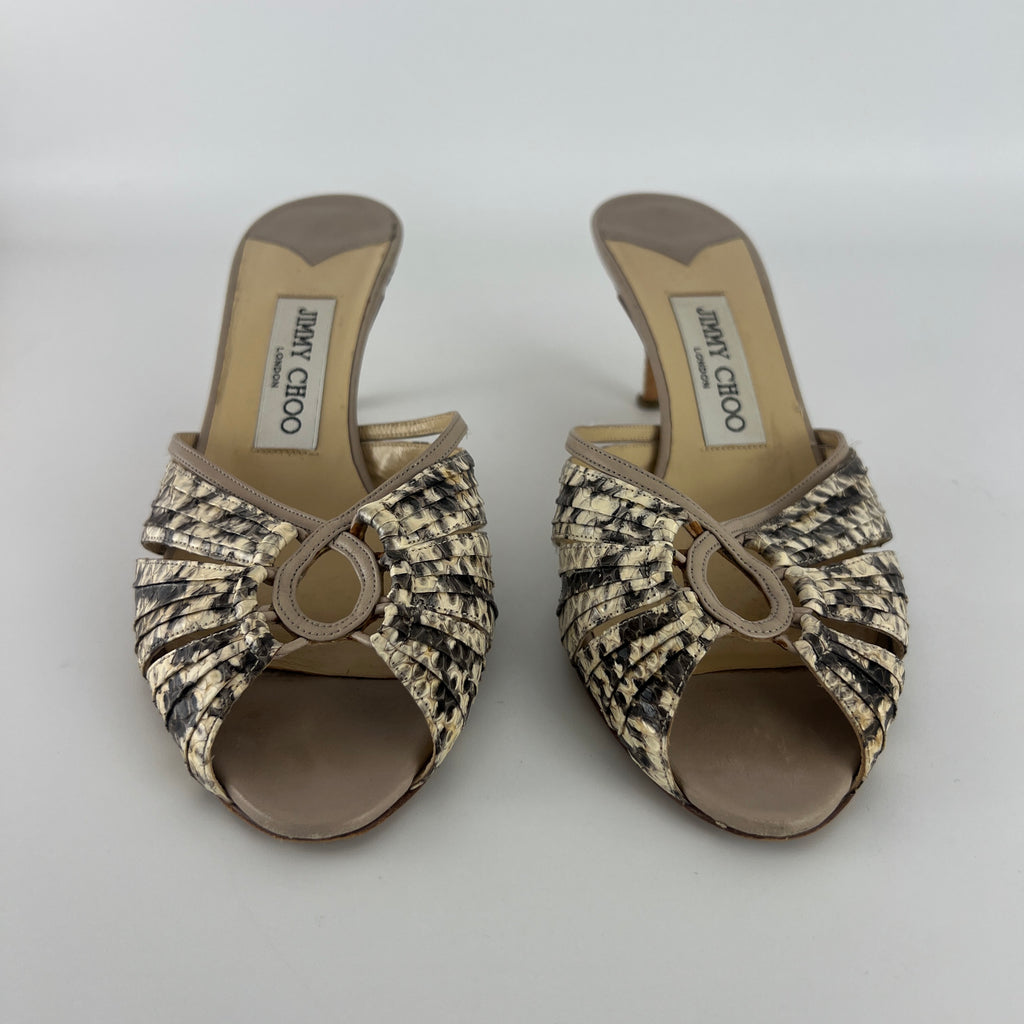 Jimmy Choo | Snake Leather Beige Peep Toe Mid Heel Mules (38)