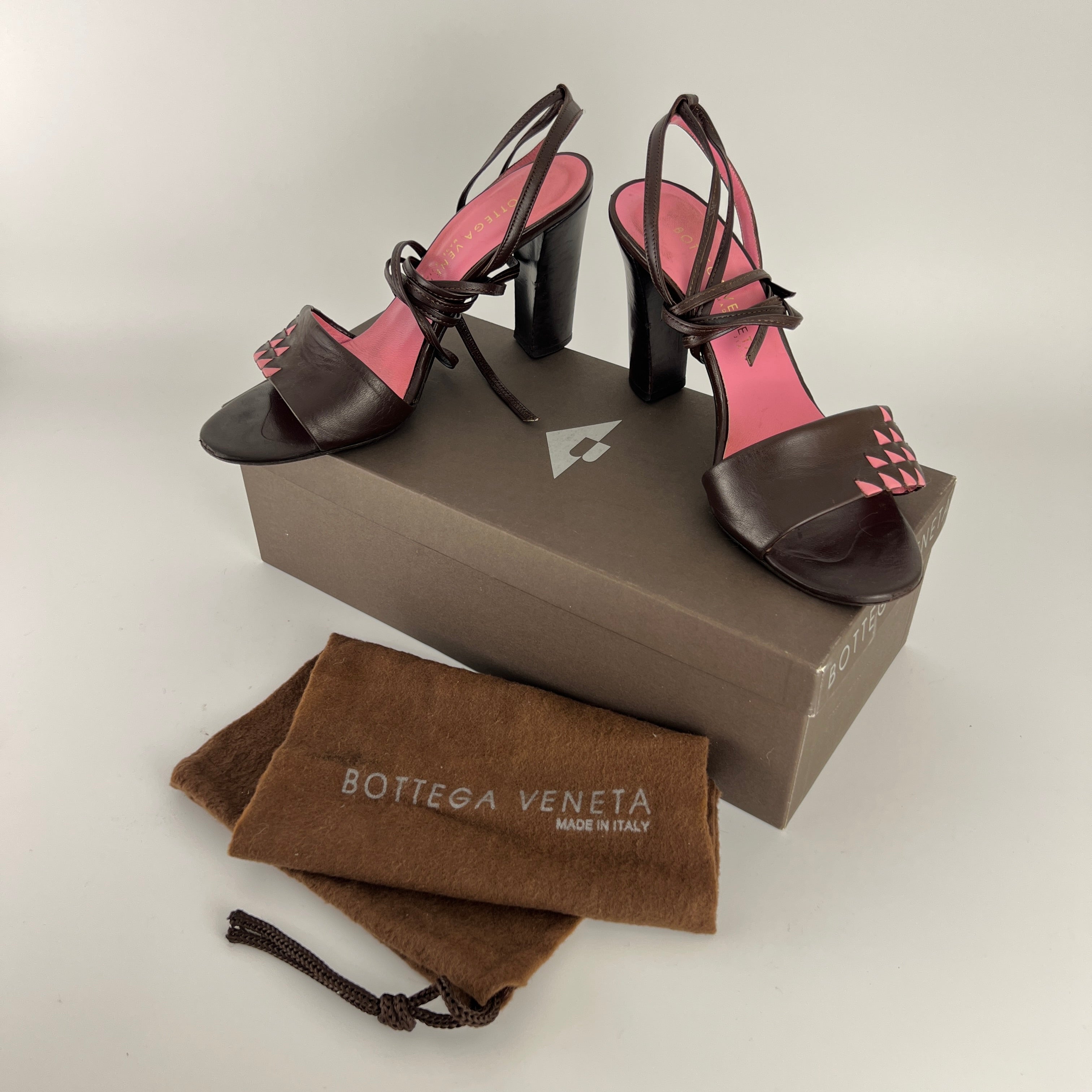 Bottega Veneta | Intrecciato Pink Brown Leather Lace Up Sandal Heels (36.5)