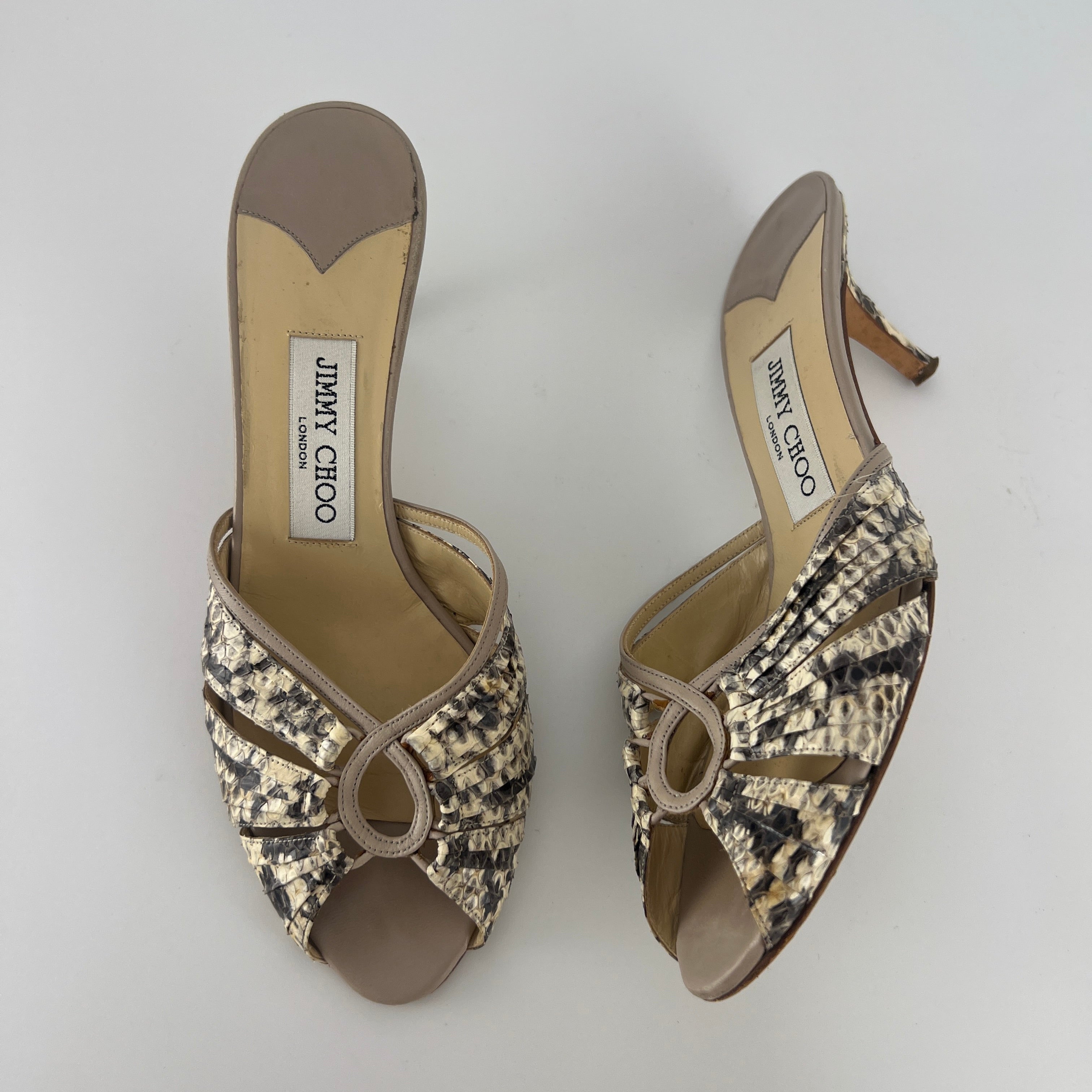 Jimmy Choo | Snake Leather Beige Peep Toe Mid Heel Mules (38)