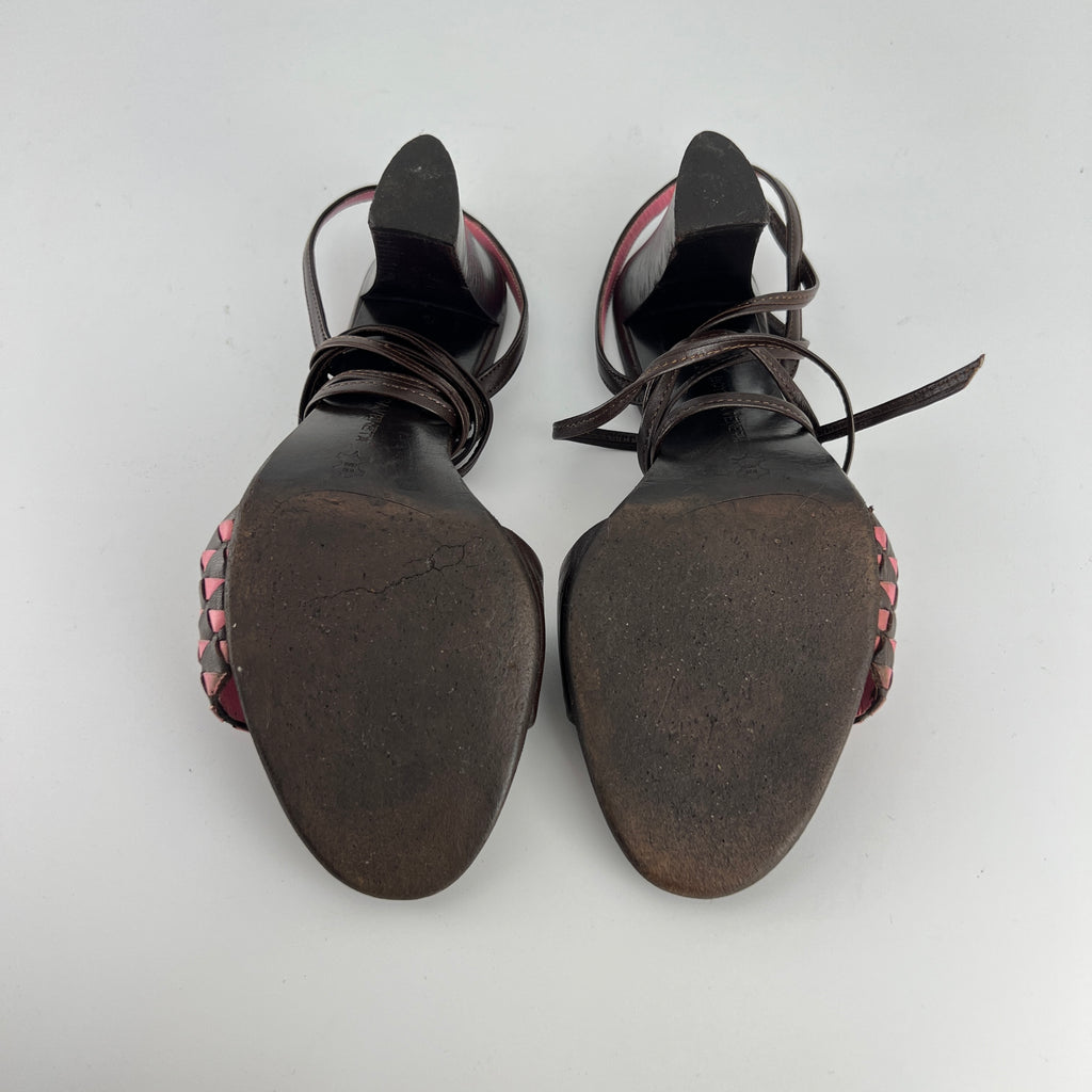 Bottega Veneta | Intrecciato Pink Brown Leather Lace Up Sandal Heels (36.5)