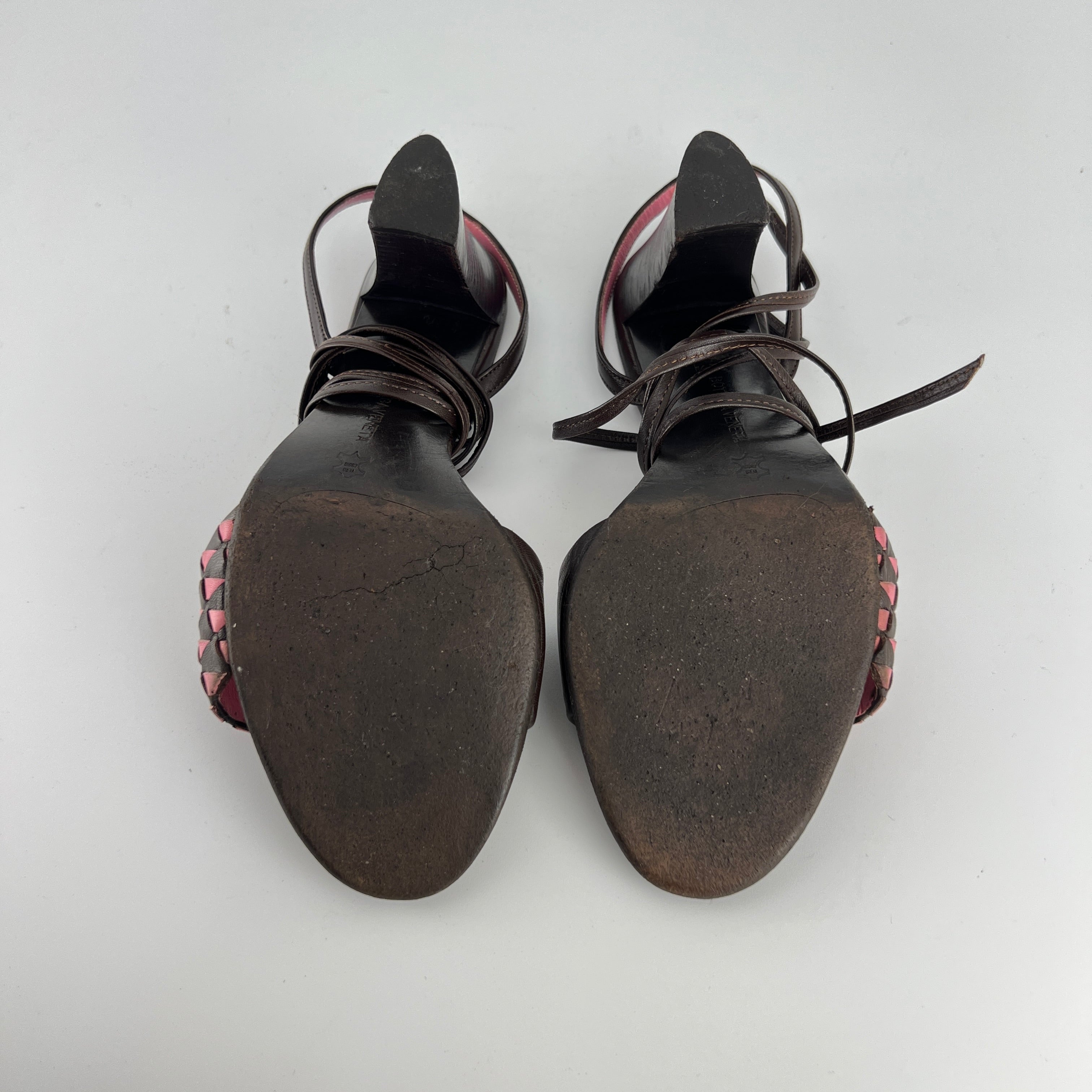 Bottega Veneta | Intrecciato Pink Brown Leather Lace Up Sandal Heels (36.5)