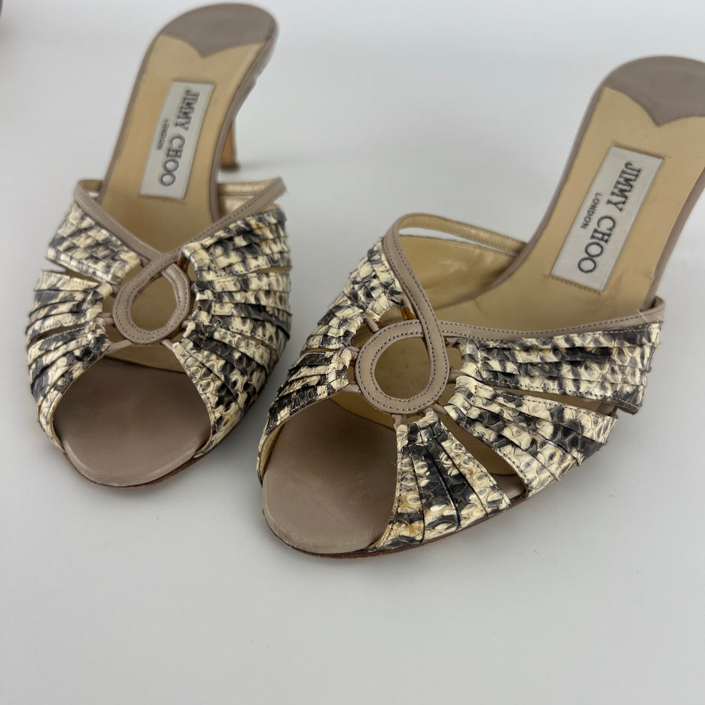 Jimmy Choo | Snake Leather Beige Peep Toe Mid Heel Mules (38)