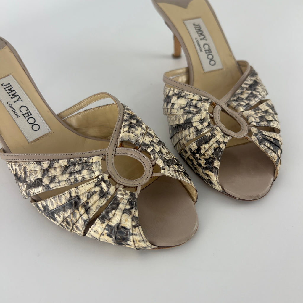 Jimmy Choo | Snake Leather Beige Peep Toe Mid Heel Mules (38)