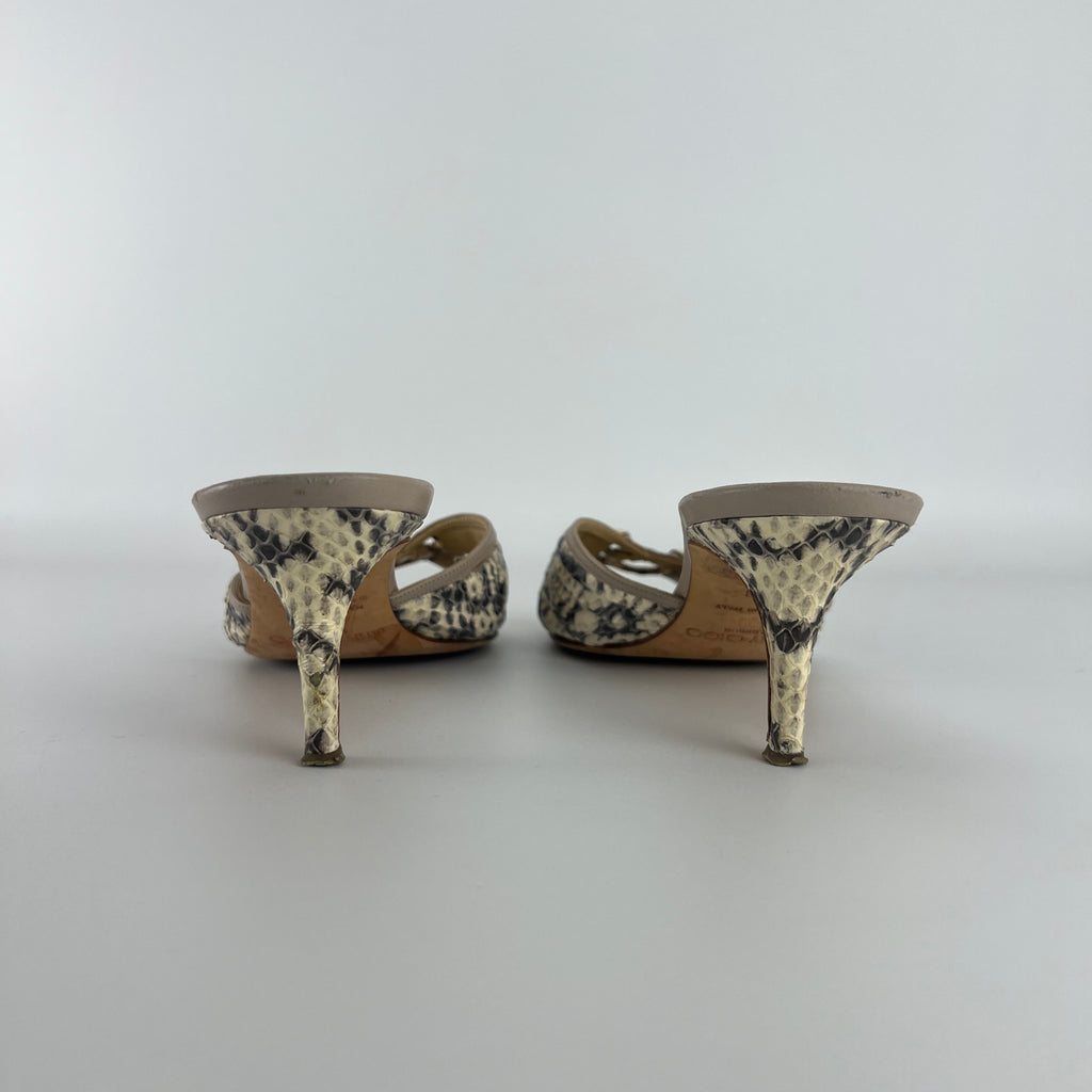 Jimmy Choo | Snake Leather Beige Peep Toe Mid Heel Mules (38)