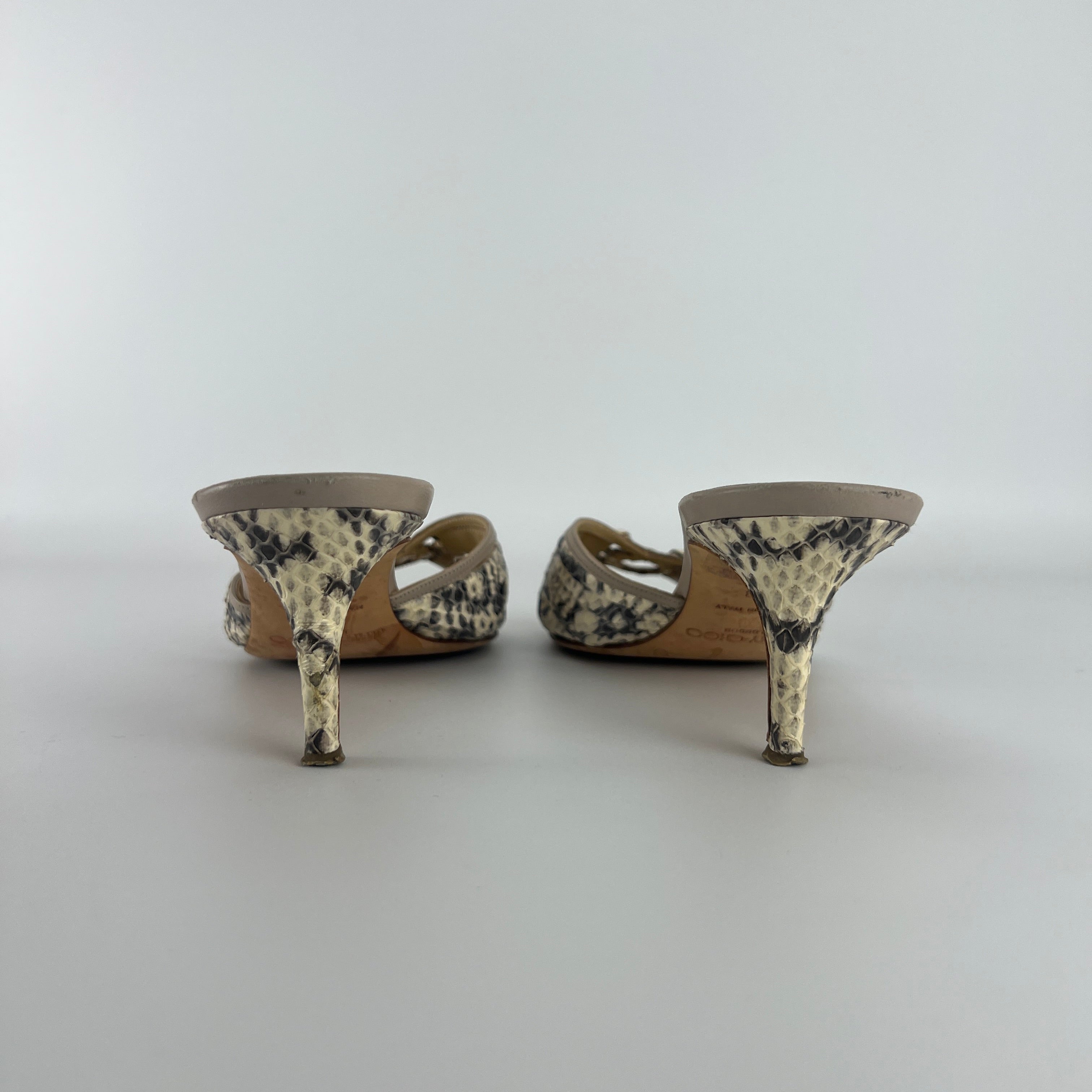 Jimmy Choo | Snake Leather Beige Peep Toe Mid Heel Mules (38)