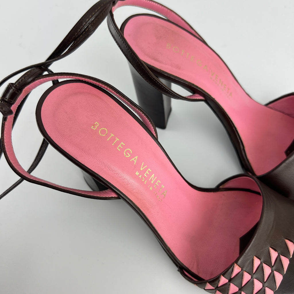 Bottega Veneta | Intrecciato Pink Brown Leather Lace Up Sandal Heels (36.5)