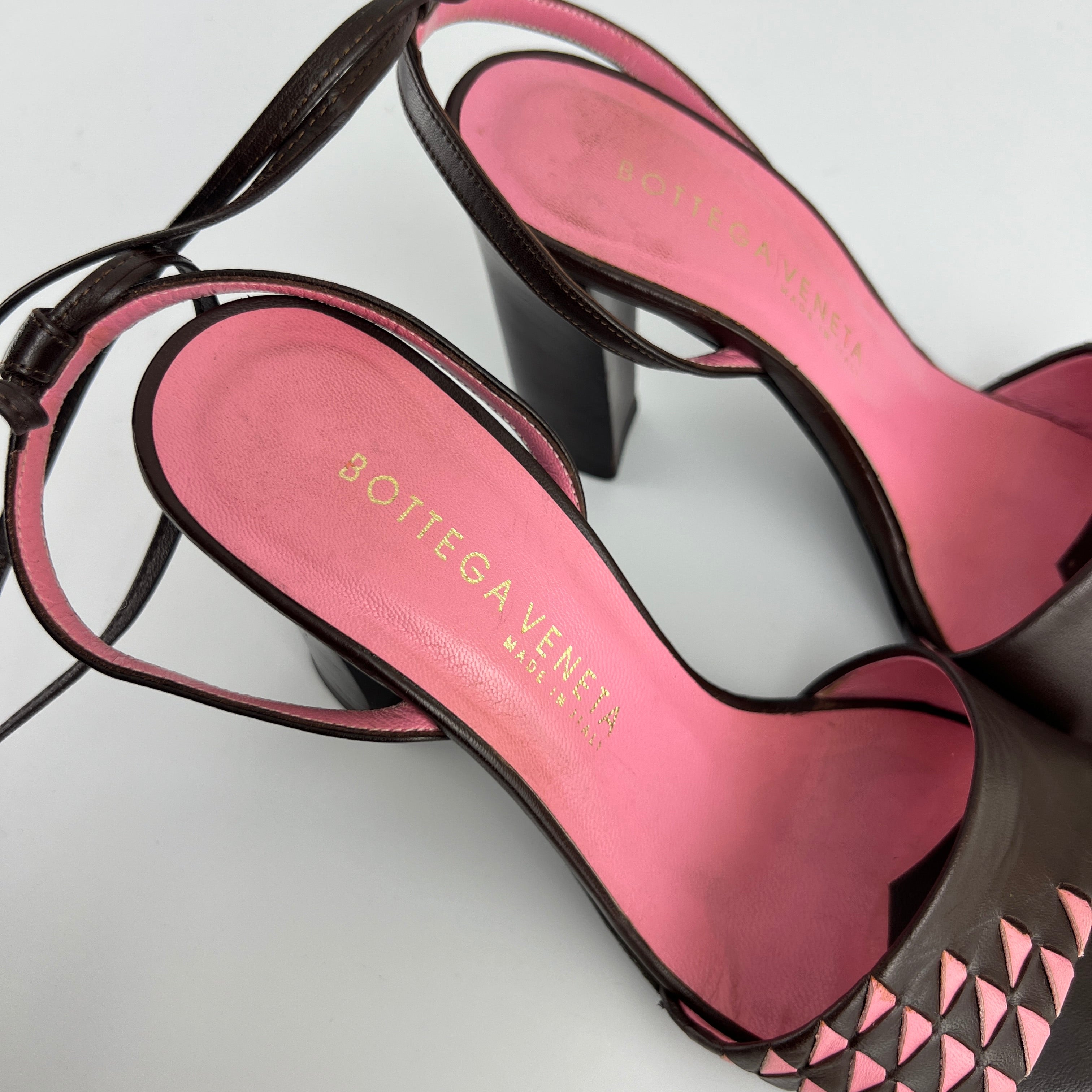Bottega Veneta | Intrecciato Pink Brown Leather Lace Up Sandal Heels (36.5)