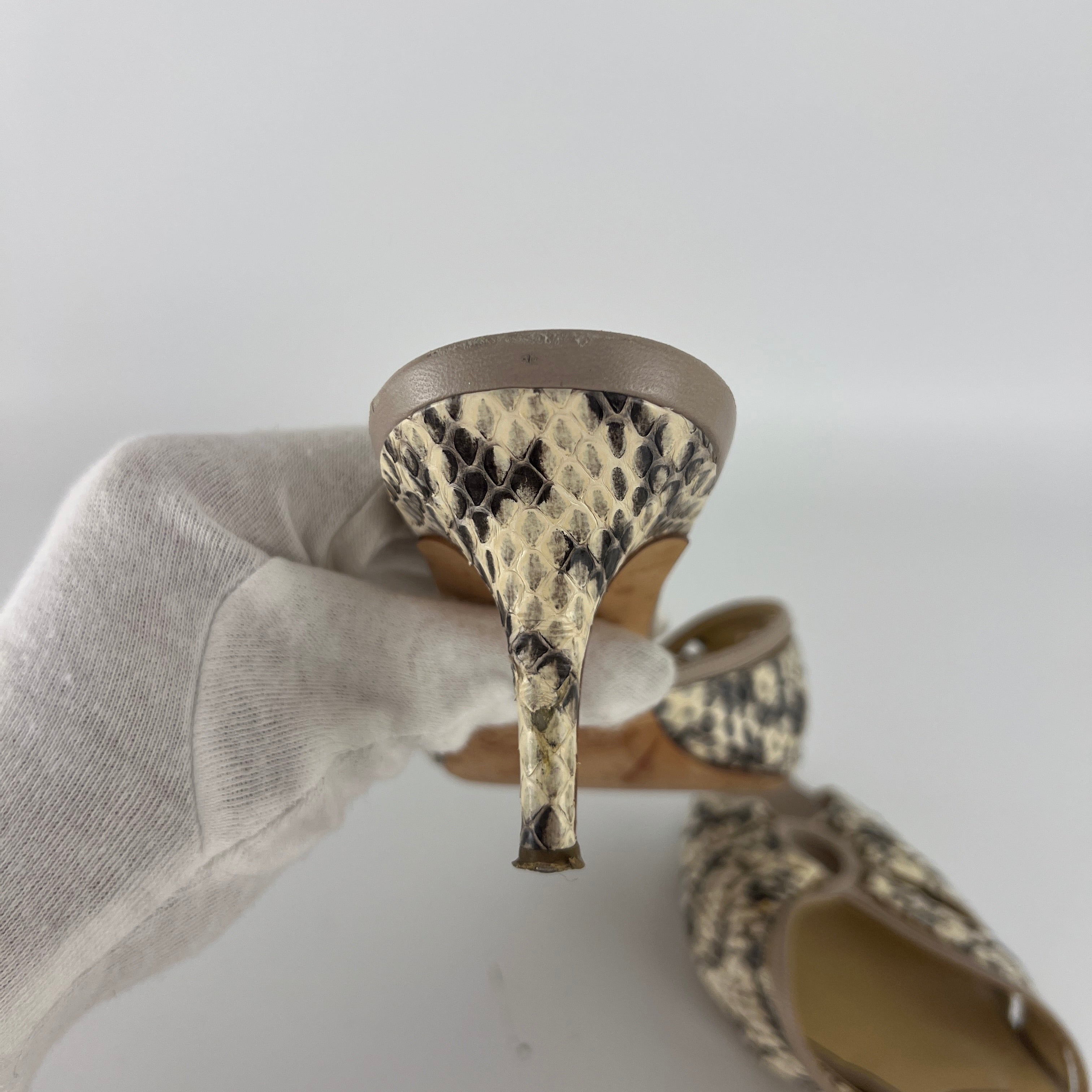 Jimmy Choo | Snake Leather Beige Peep Toe Mid Heel Mules (38)