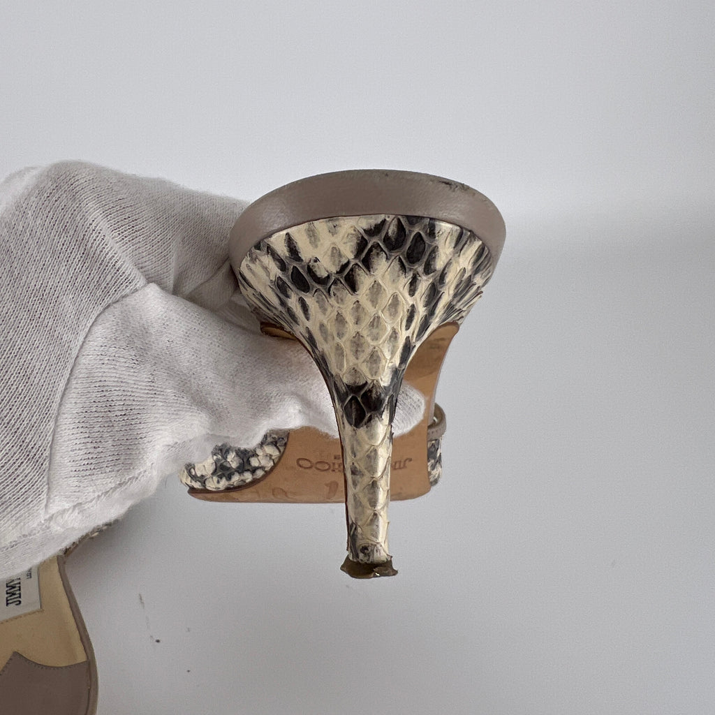 Jimmy Choo | Snake Leather Beige Peep Toe Mid Heel Mules (38)
