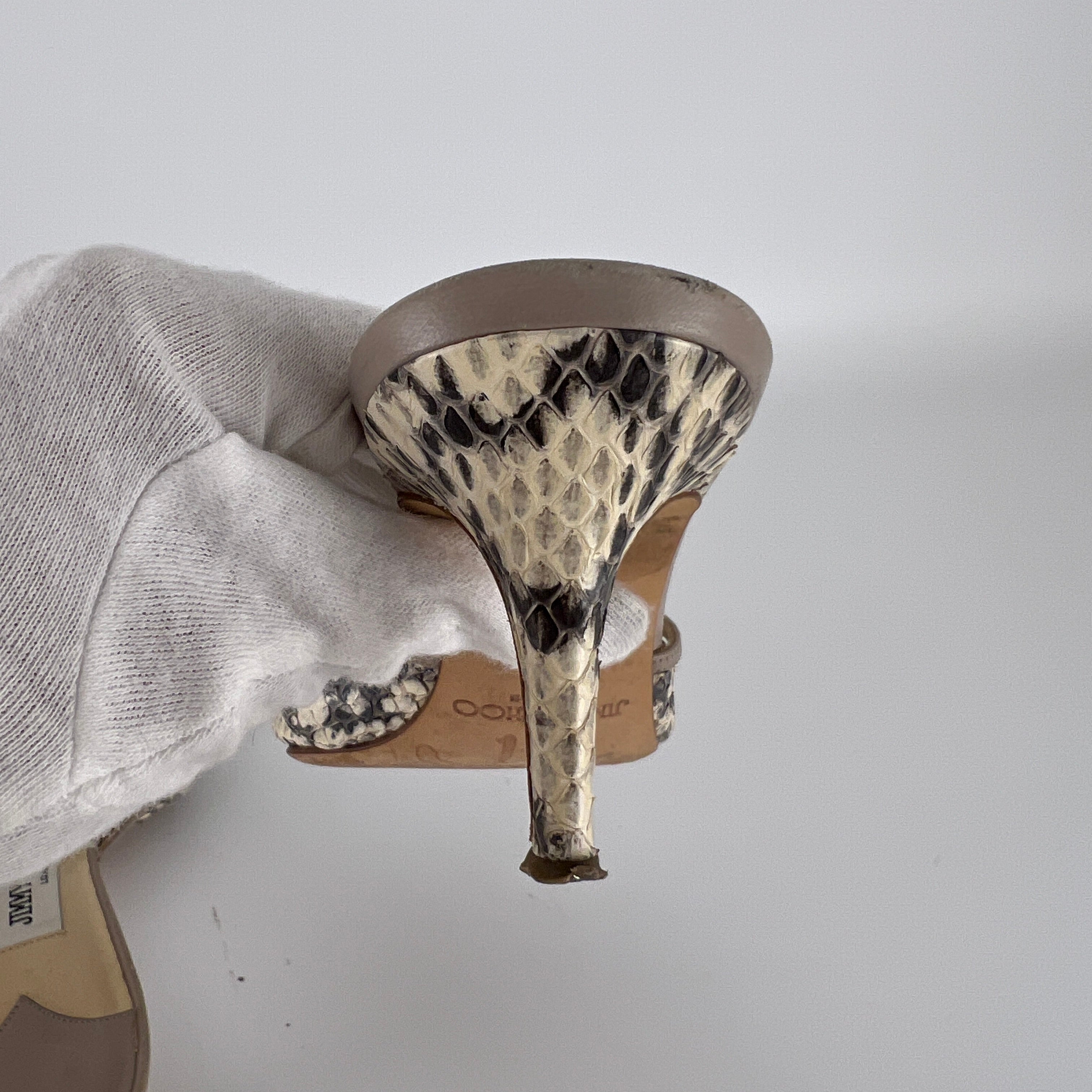 Jimmy Choo | Snake Leather Beige Peep Toe Mid Heel Mules (38)