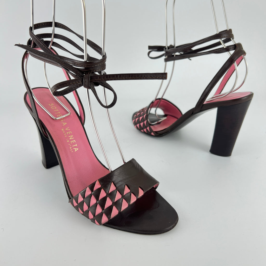 Bottega Veneta | Intrecciato Pink Brown Leather Lace Up Sandal Heels (36.5)