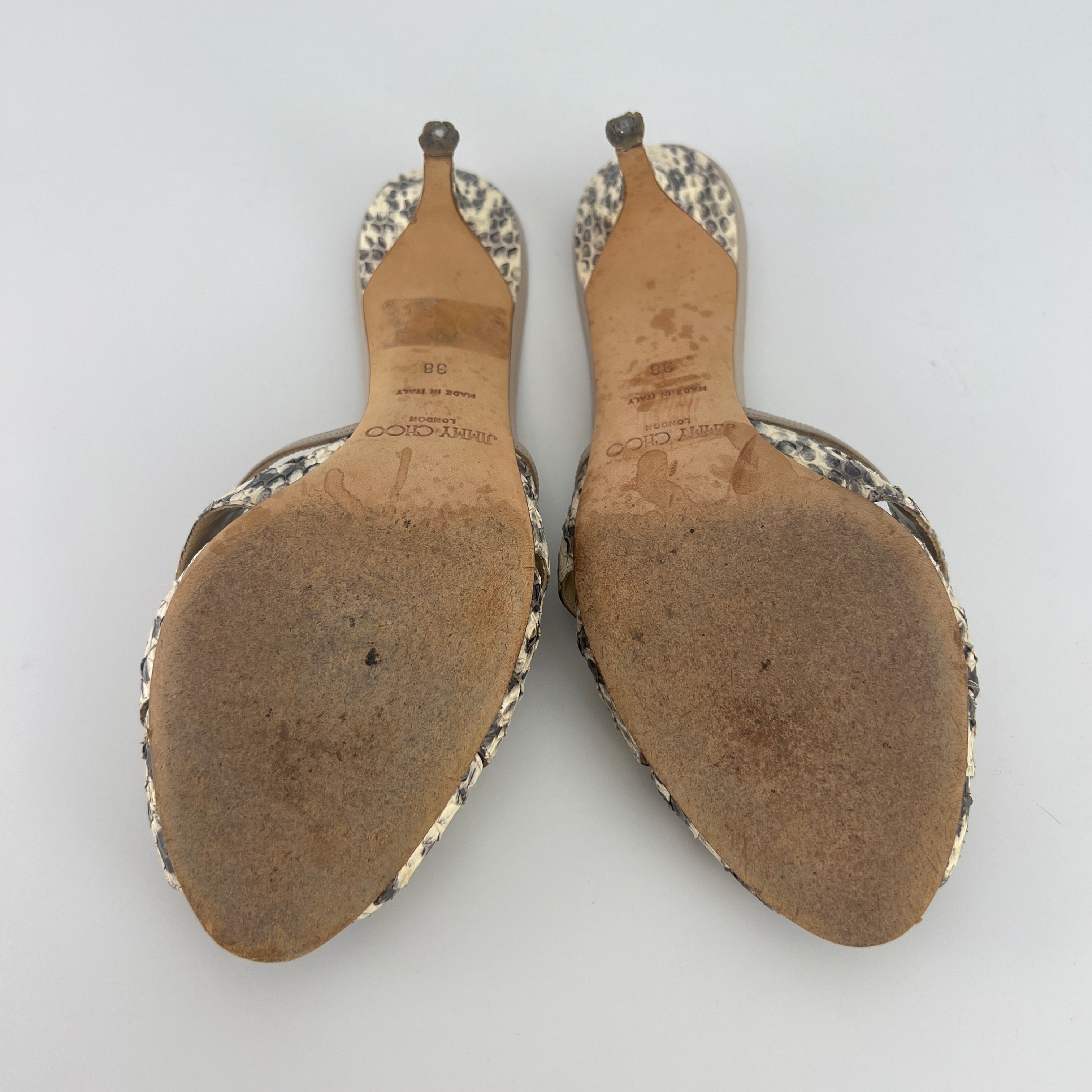 Jimmy Choo | Snake Leather Beige Peep Toe Mid Heel Mules (38)