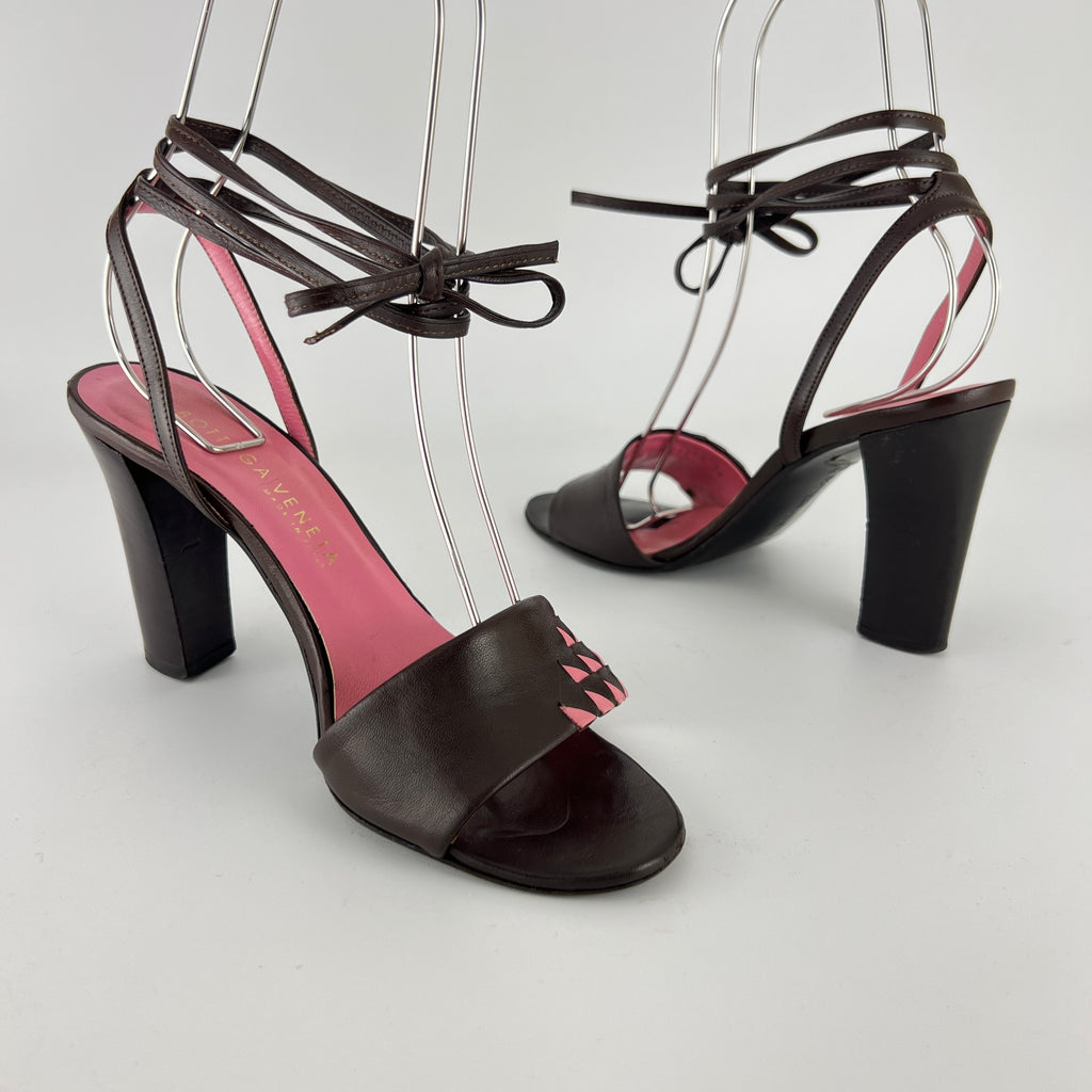 Bottega Veneta | Intrecciato Pink Brown Leather Lace Up Sandal Heels (36.5)