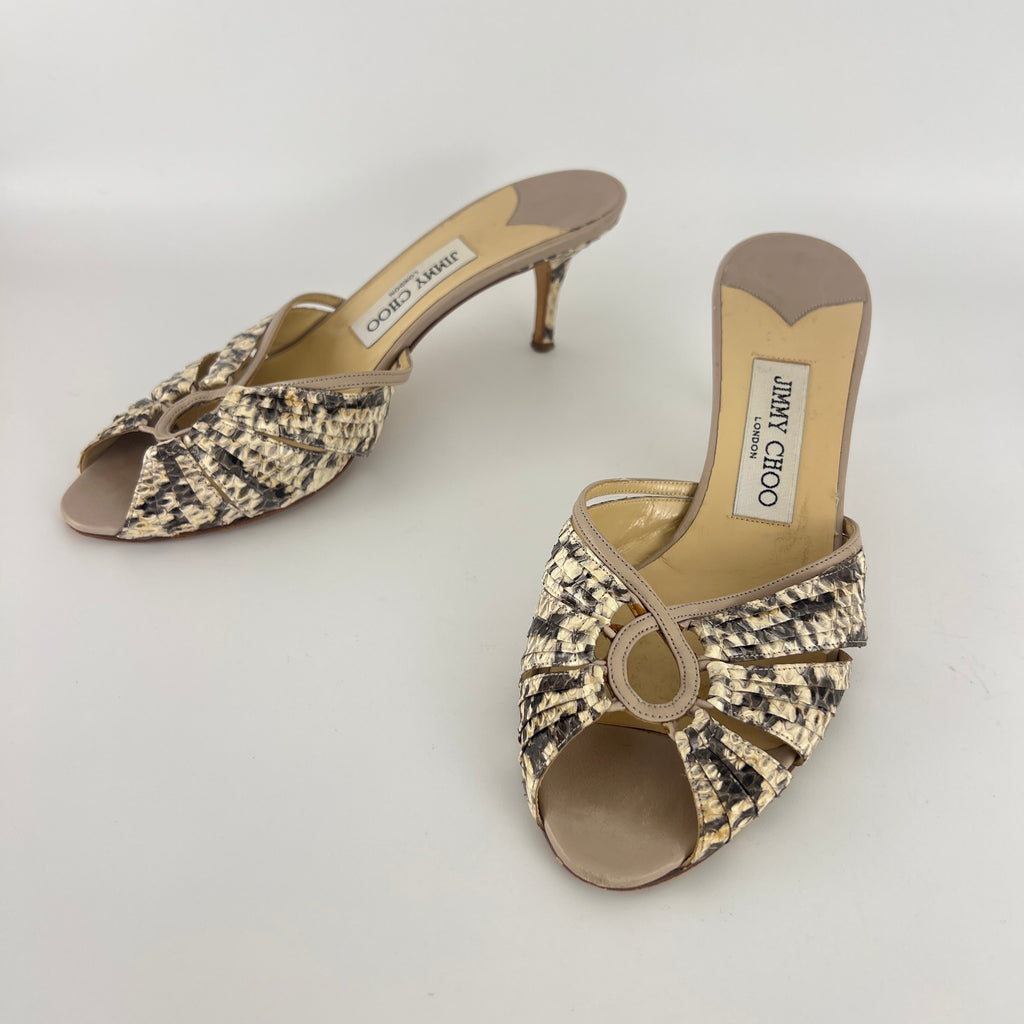 Jimmy Choo | Snake Leather Beige Peep Toe Mid Heel Mules (38)