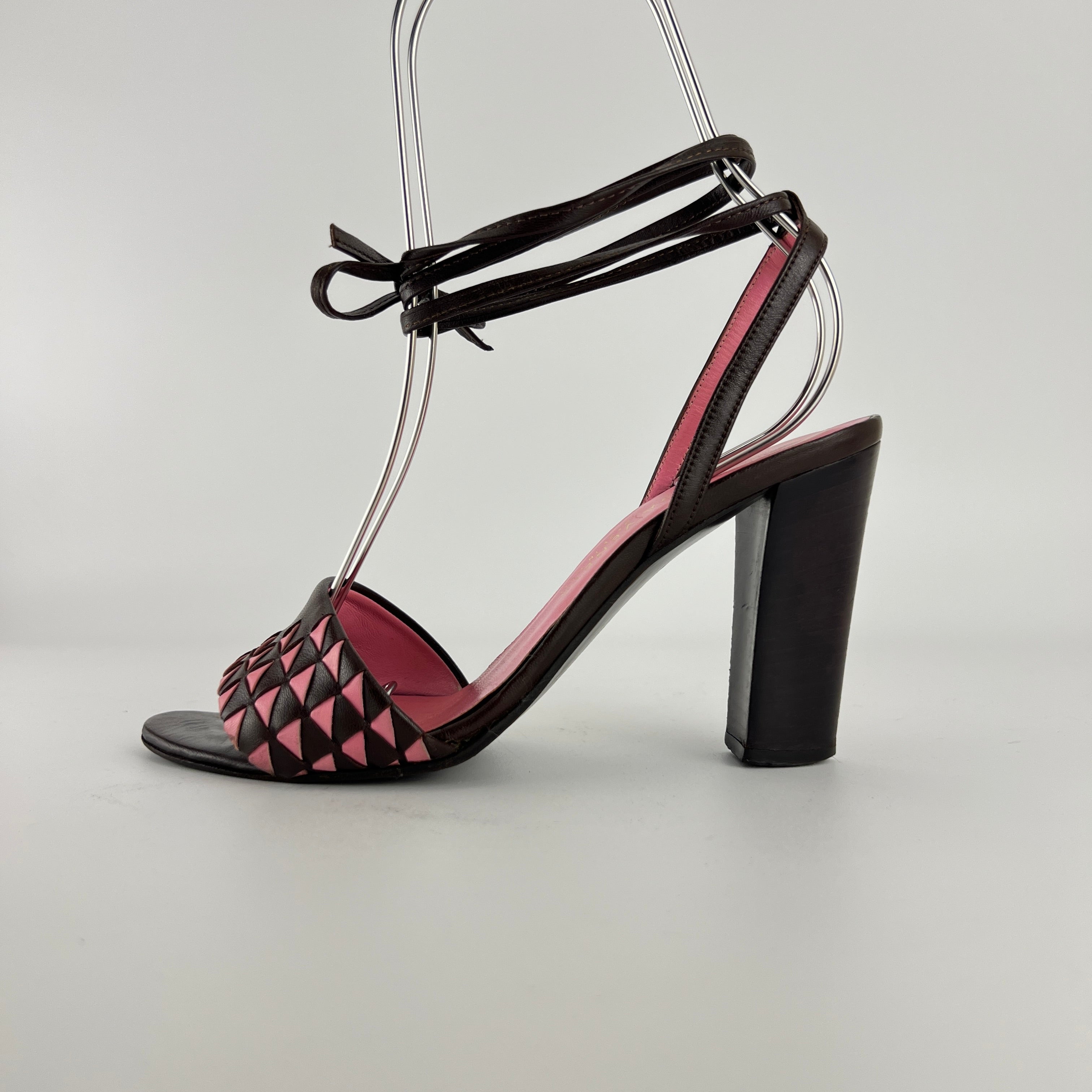 Bottega Veneta | Intrecciato Pink Brown Leather Lace Up Sandal Heels (36.5)
