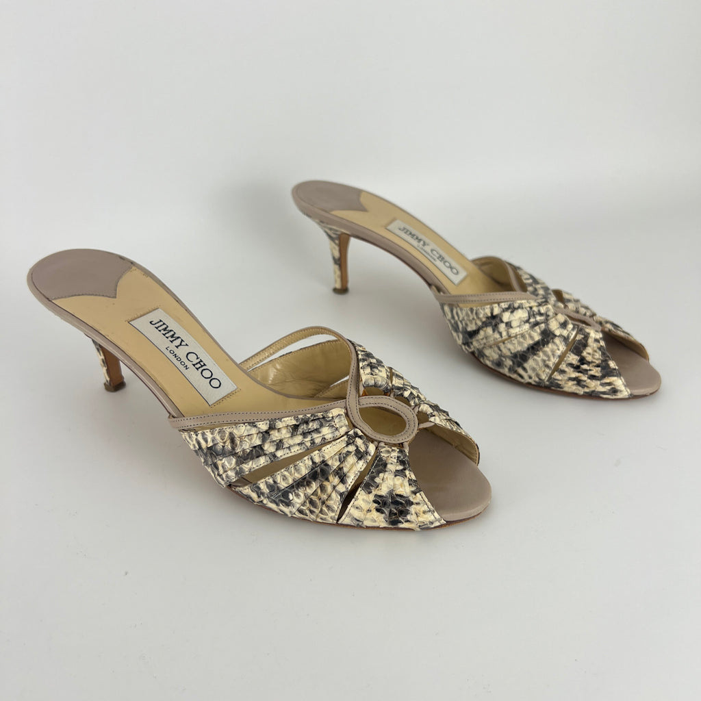Jimmy Choo | Snake Leather Beige Peep Toe Mid Heel Mules (38)