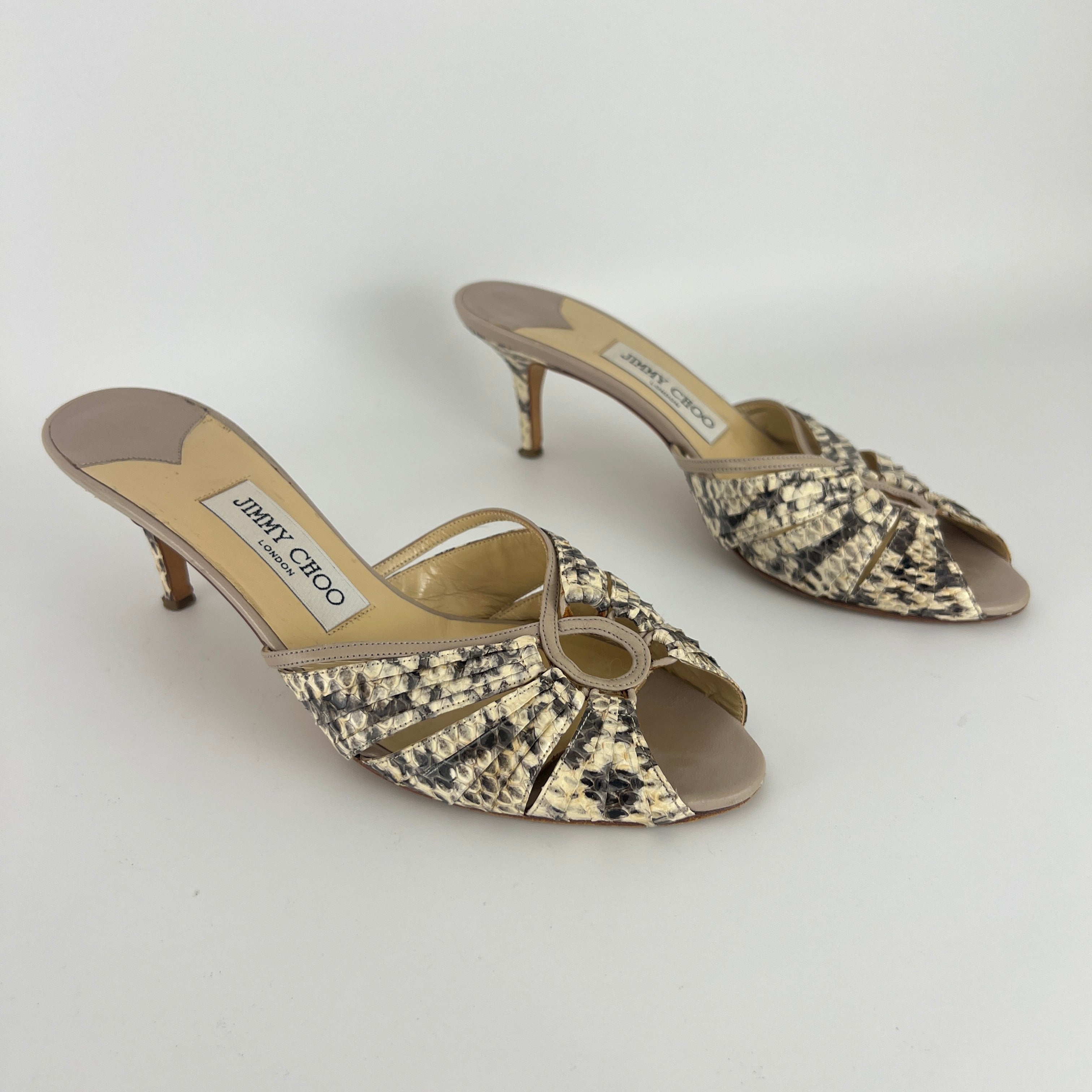 Jimmy Choo | Snake Leather Beige Peep Toe Mid Heel Mules (38)