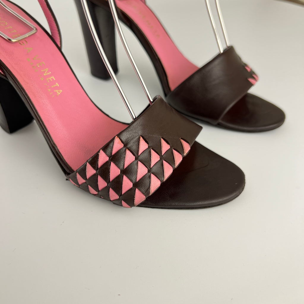 Bottega Veneta | Intrecciato Pink Brown Leather Lace Up Sandal Heels (36.5)