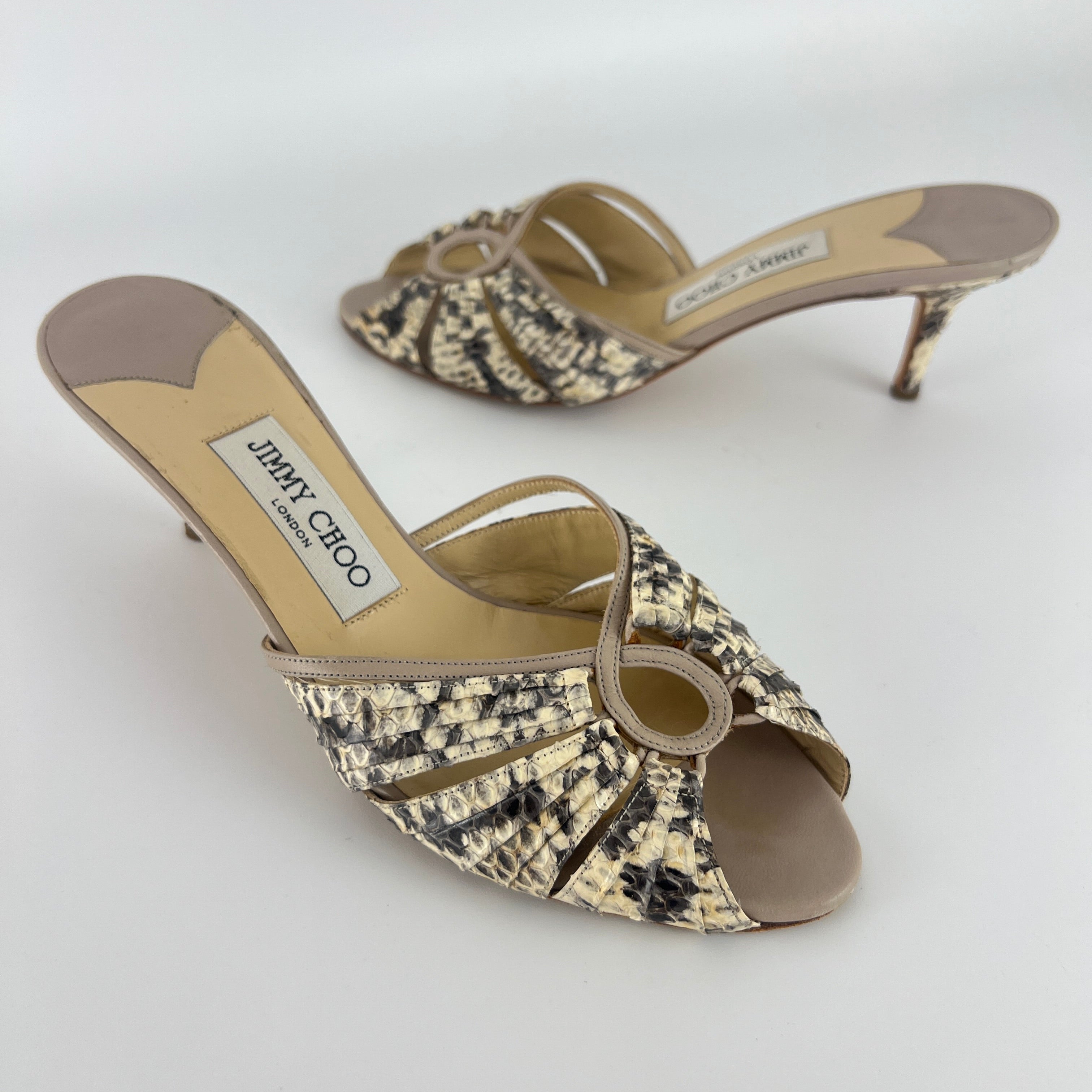 Jimmy Choo | Snake Leather Beige Peep Toe Mid Heel Mules (38)
