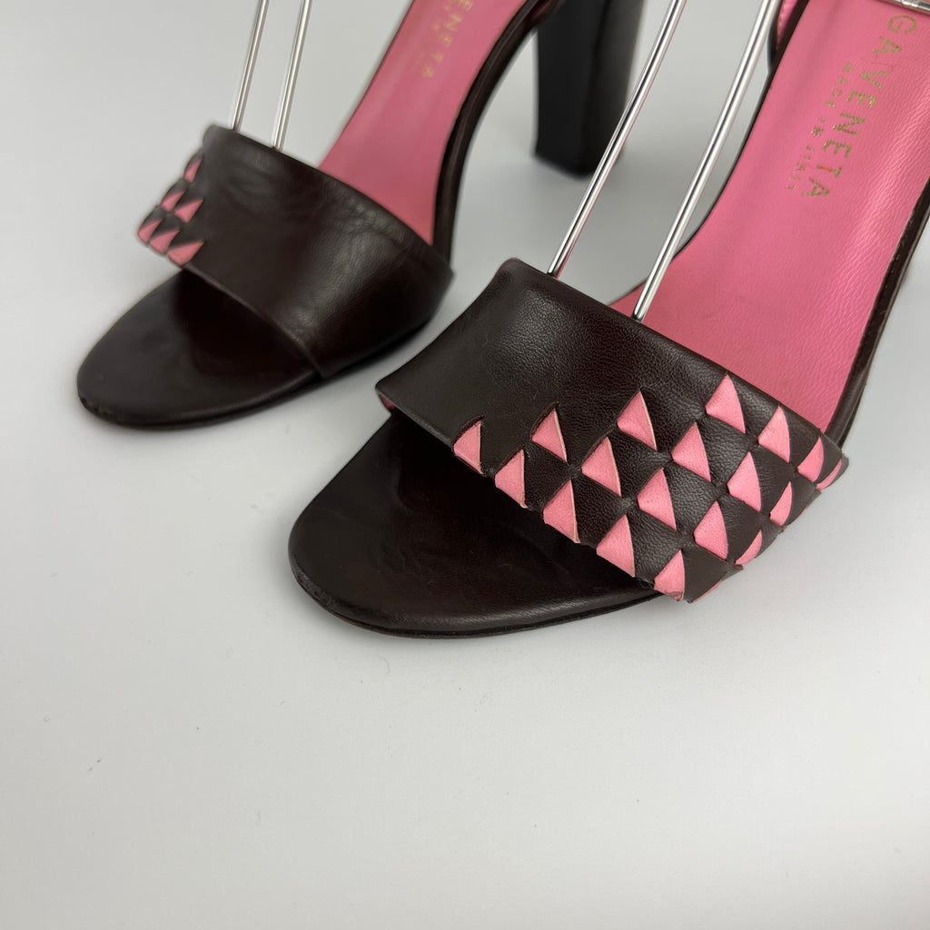 Bottega Veneta | Intrecciato Pink Brown Leather Lace Up Sandal Heels (36.5)