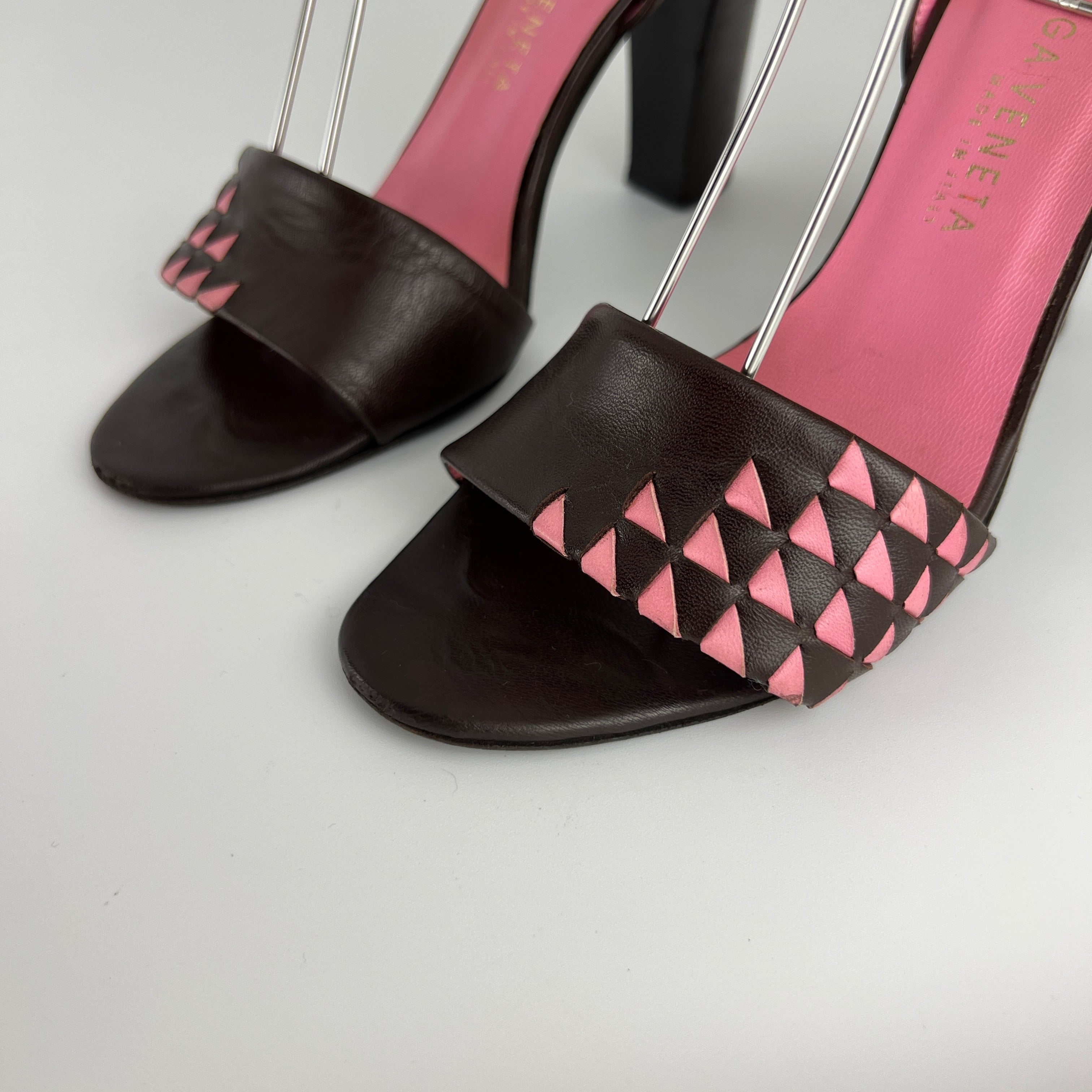 Bottega Veneta | Intrecciato Pink Brown Leather Lace Up Sandal Heels (36.5)