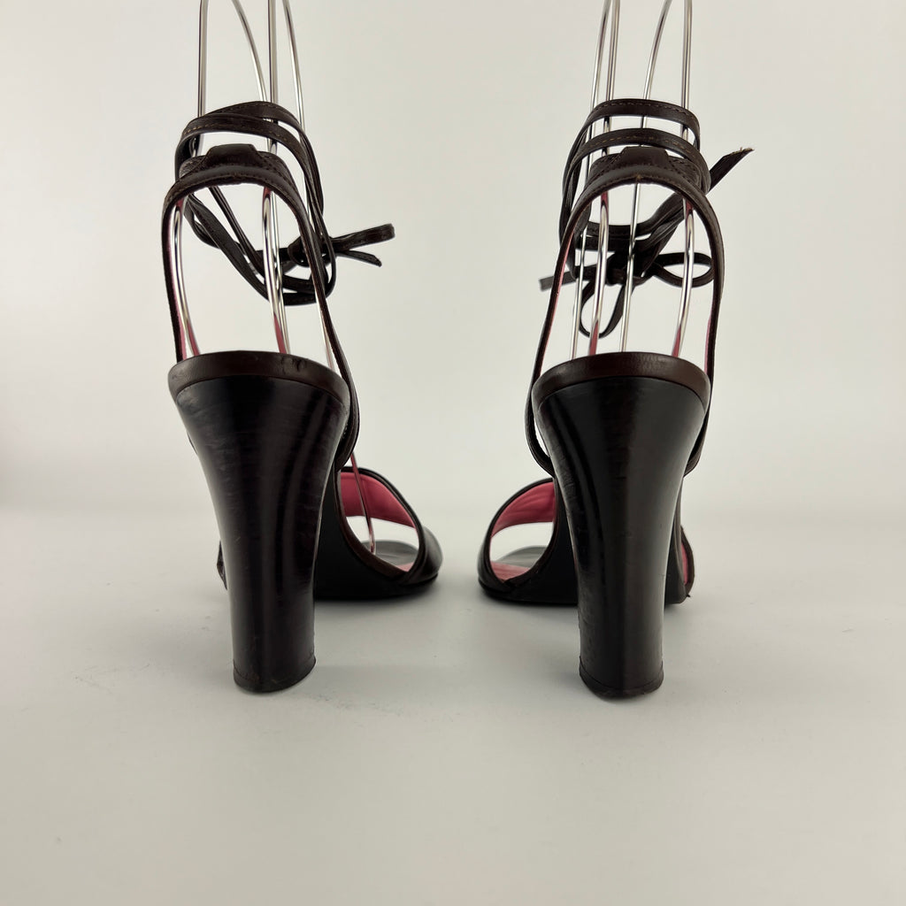 Bottega Veneta | Intrecciato Pink Brown Leather Lace Up Sandal Heels (36.5)