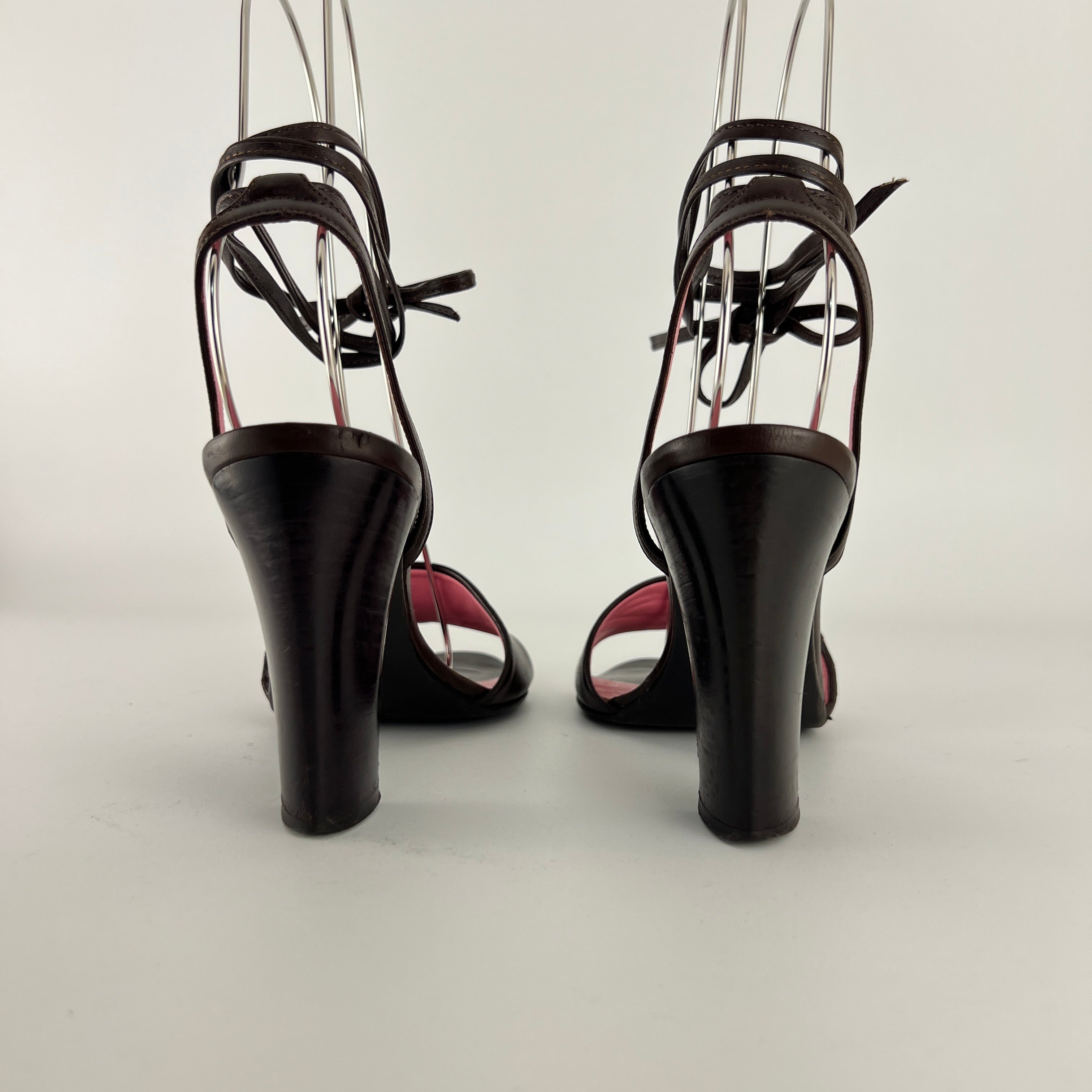 Bottega Veneta | Intrecciato Pink Brown Leather Lace Up Sandal Heels (36.5)