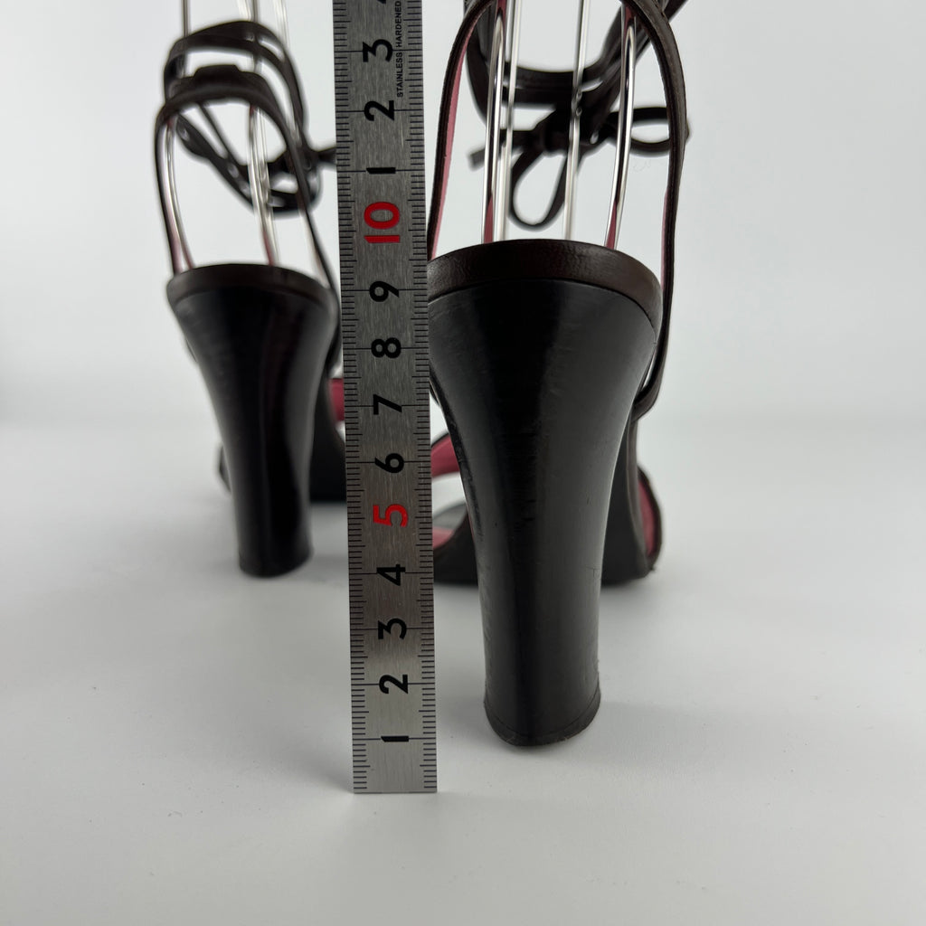 Bottega Veneta | Intrecciato Pink Brown Leather Lace Up Sandal Heels (36.5)