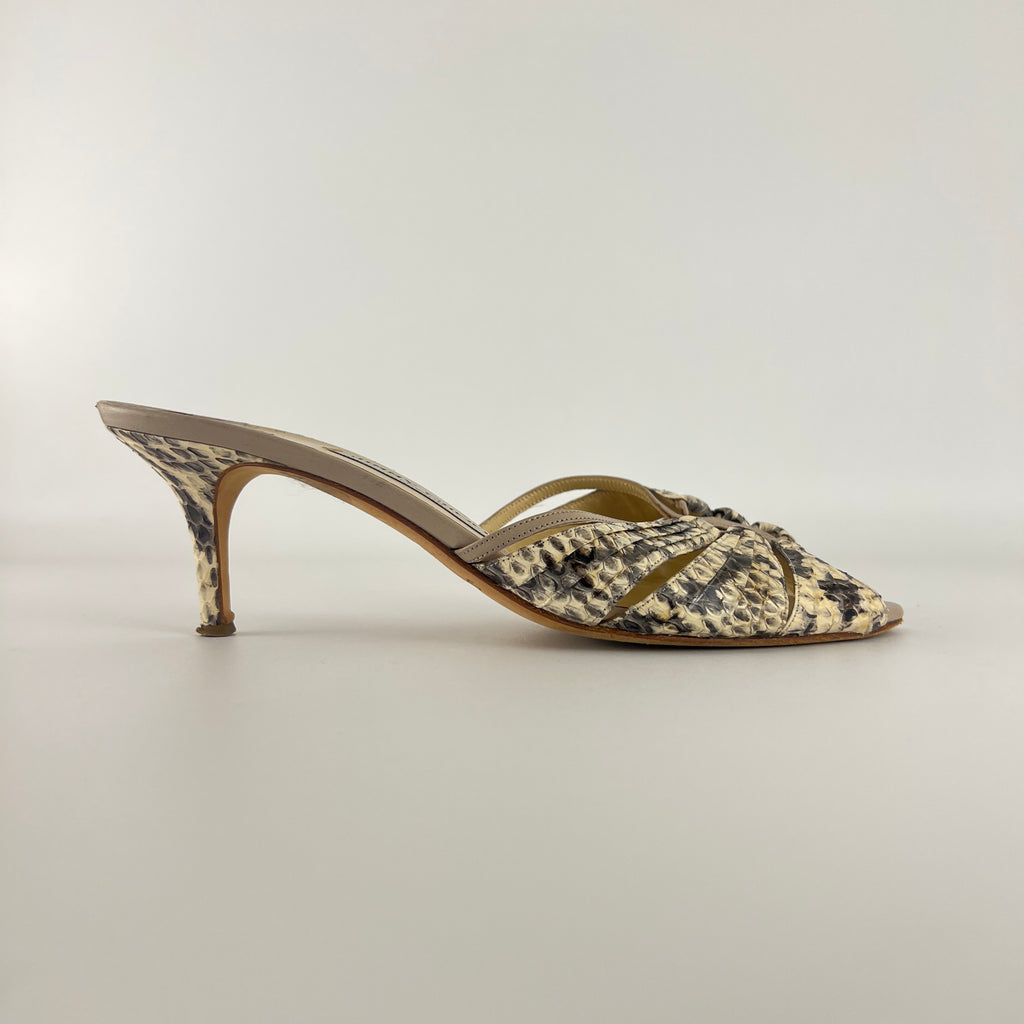 Jimmy Choo | Snake Leather Beige Peep Toe Mid Heel Mules (38)