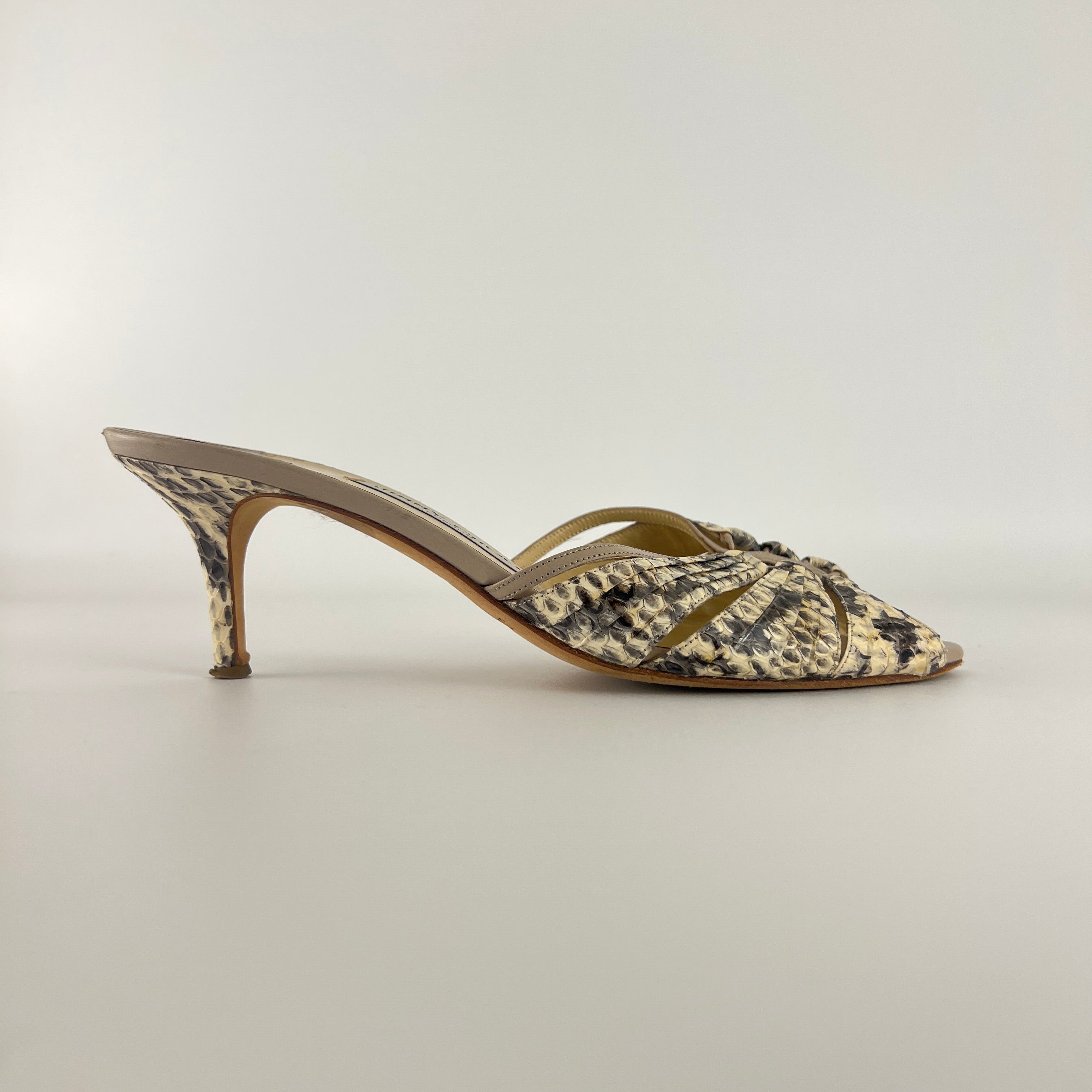 Jimmy Choo | Snake Leather Beige Peep Toe Mid Heel Mules (38)