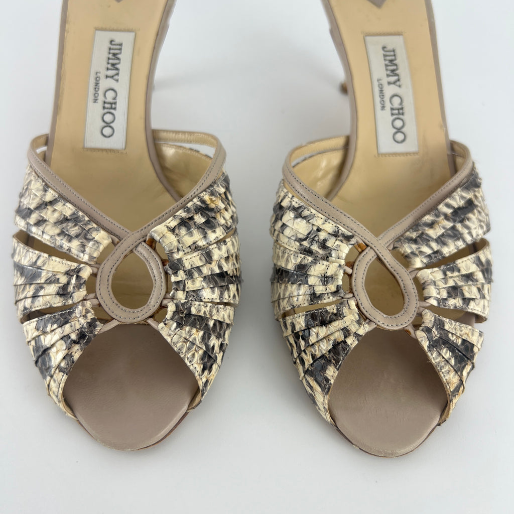 Jimmy Choo | Snake Leather Beige Peep Toe Mid Heel Mules (38)