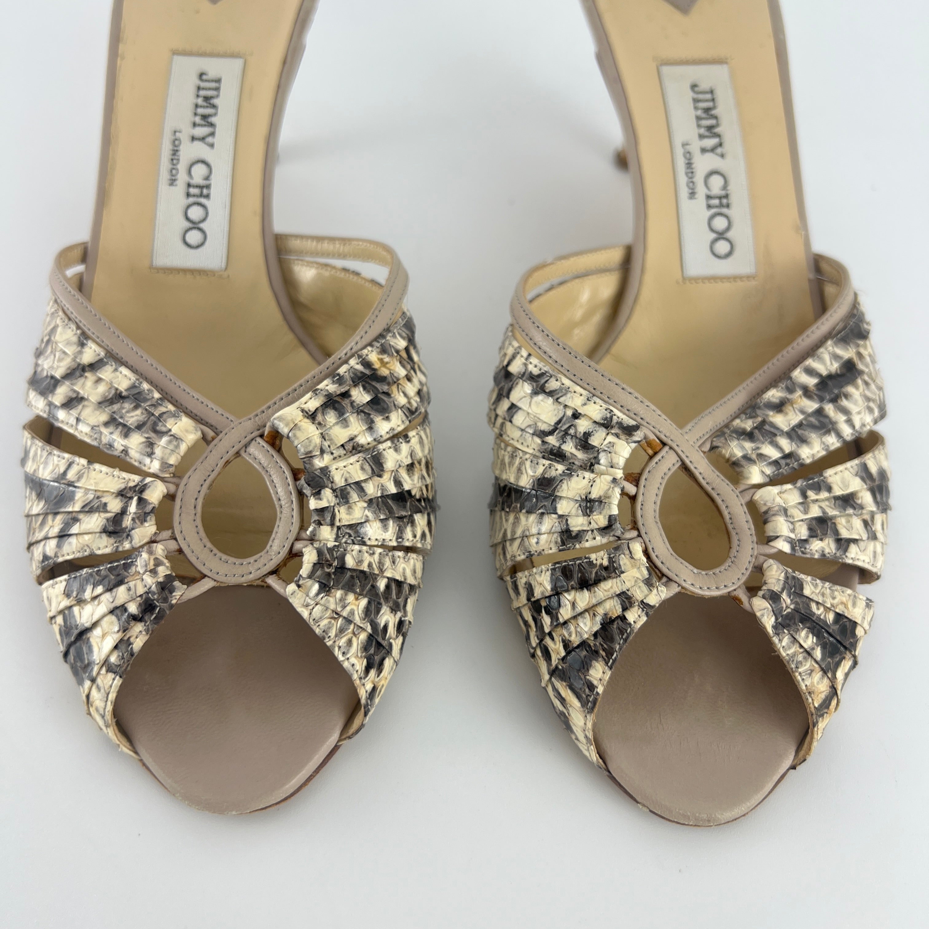 Jimmy Choo | Snake Leather Beige Peep Toe Mid Heel Mules (38)