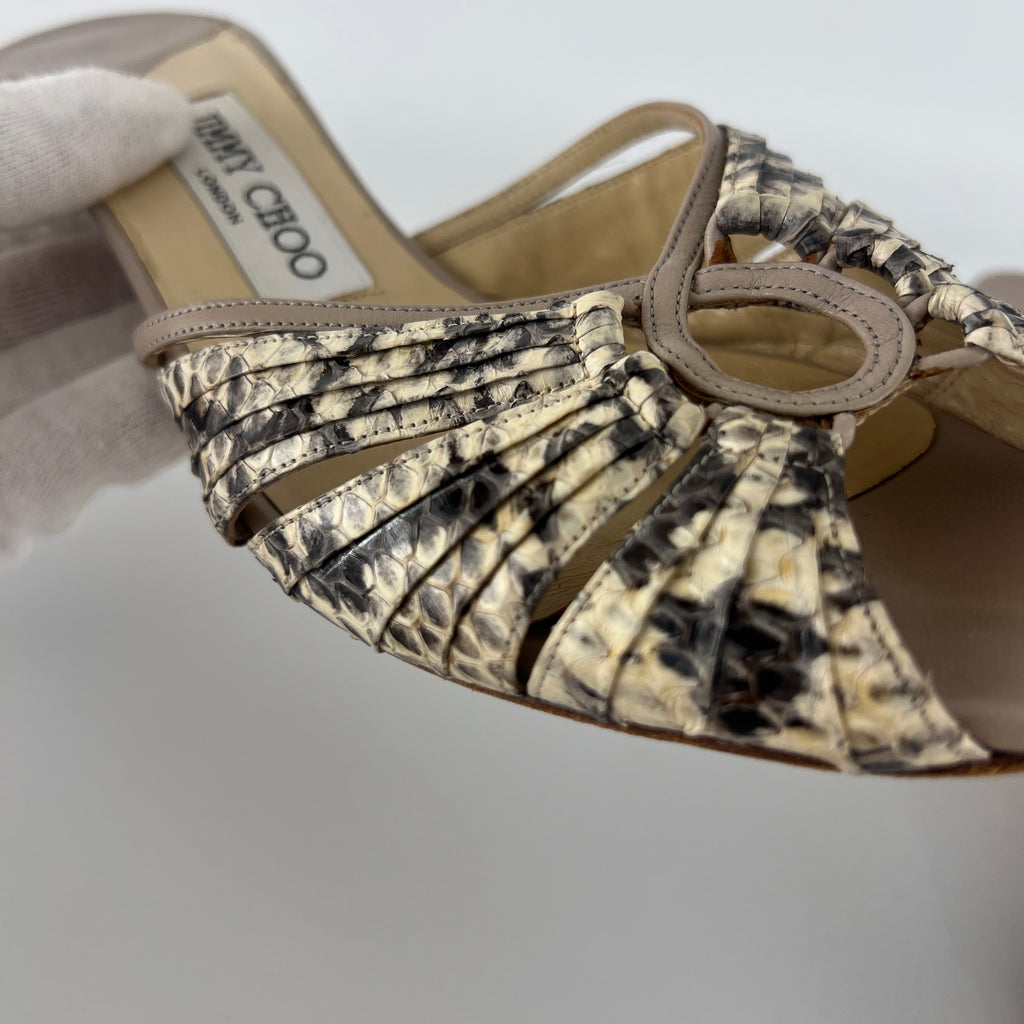 Jimmy Choo | Snake Leather Beige Peep Toe Mid Heel Mules (38)