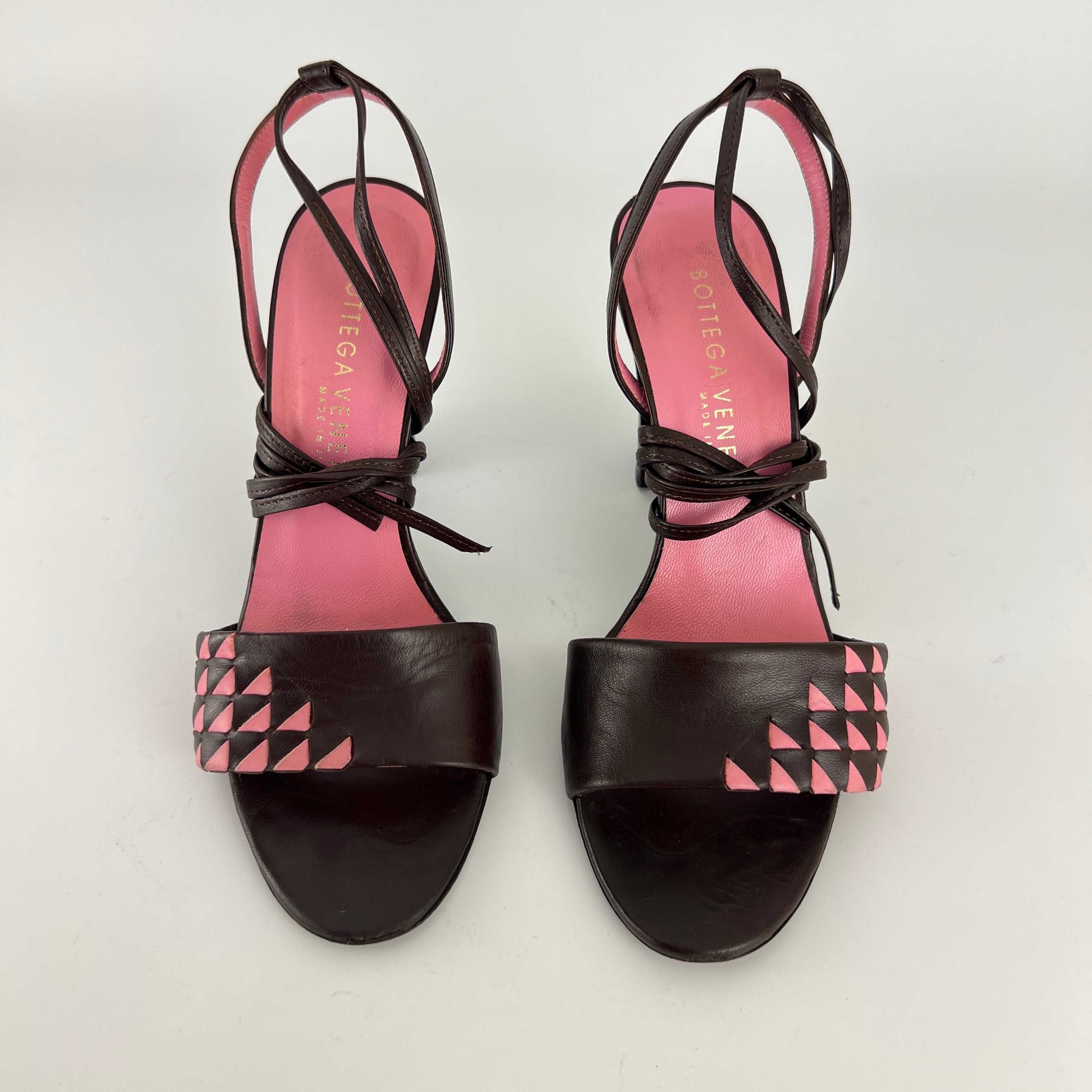 Bottega Veneta | Intrecciato Pink Brown Leather Lace Up Sandal Heels (36.5)