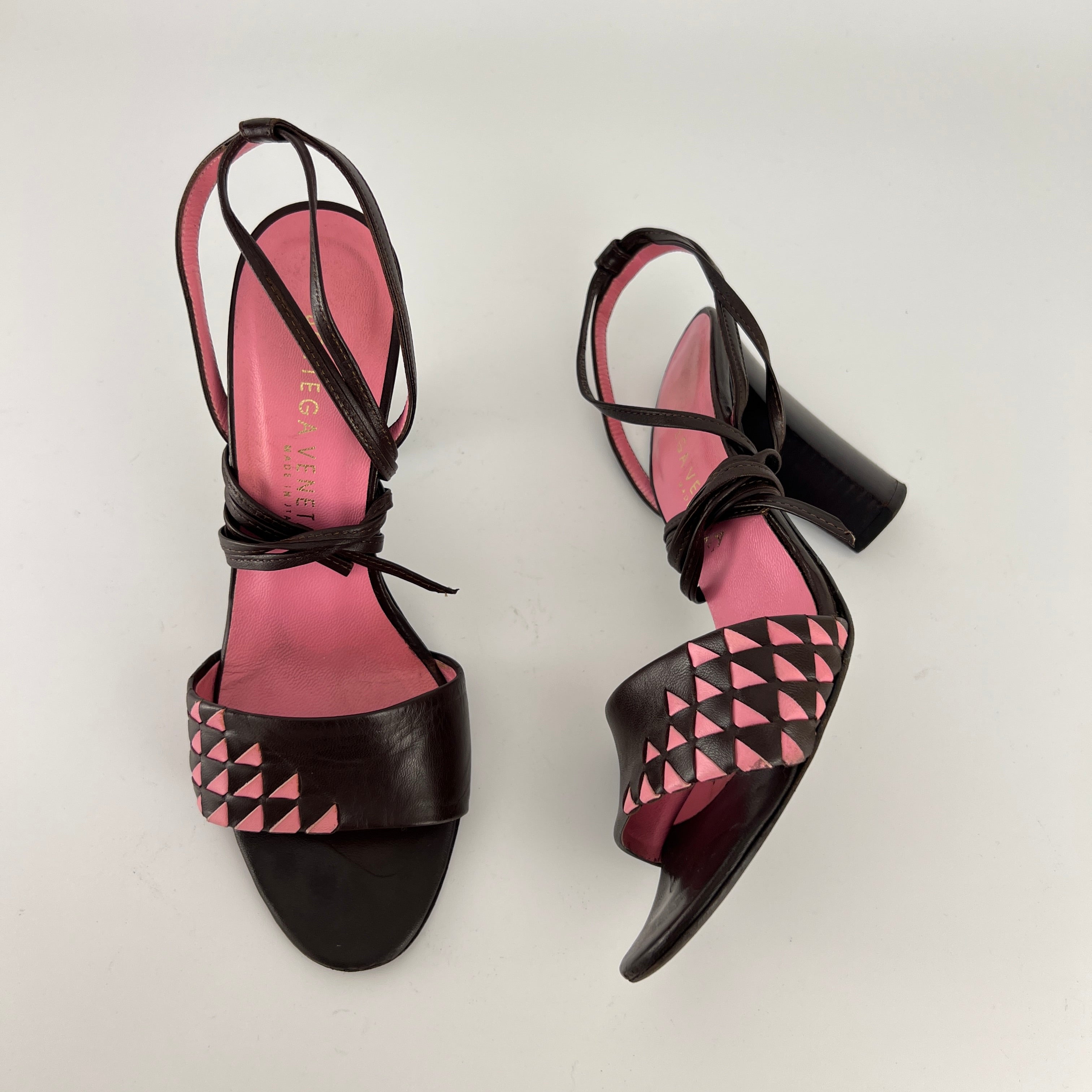 Bottega Veneta | Intrecciato Pink Brown Leather Lace Up Sandal Heels (36.5)