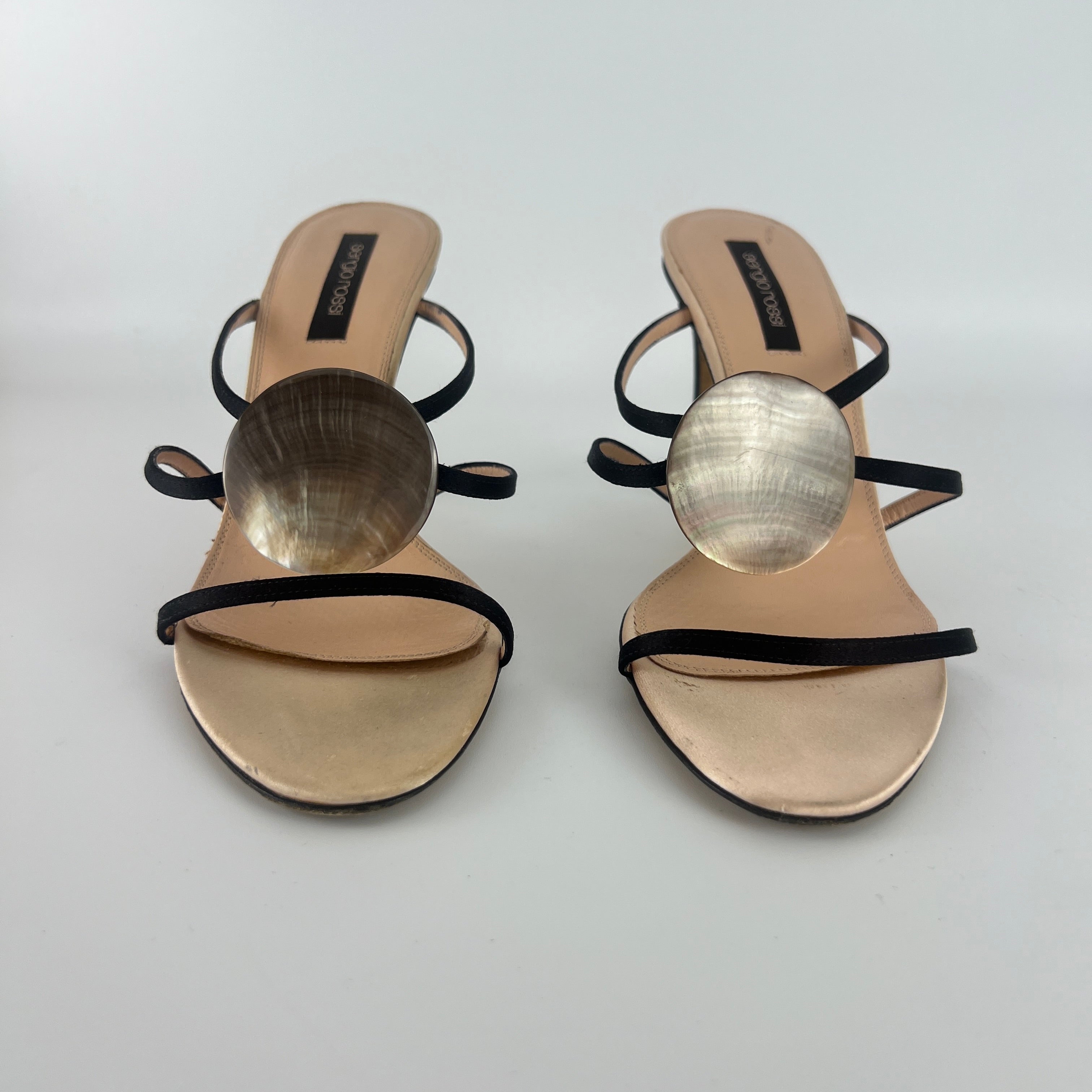 Sergio Rossi | Shell Disc Appliqué Black Strappy Heels (38)