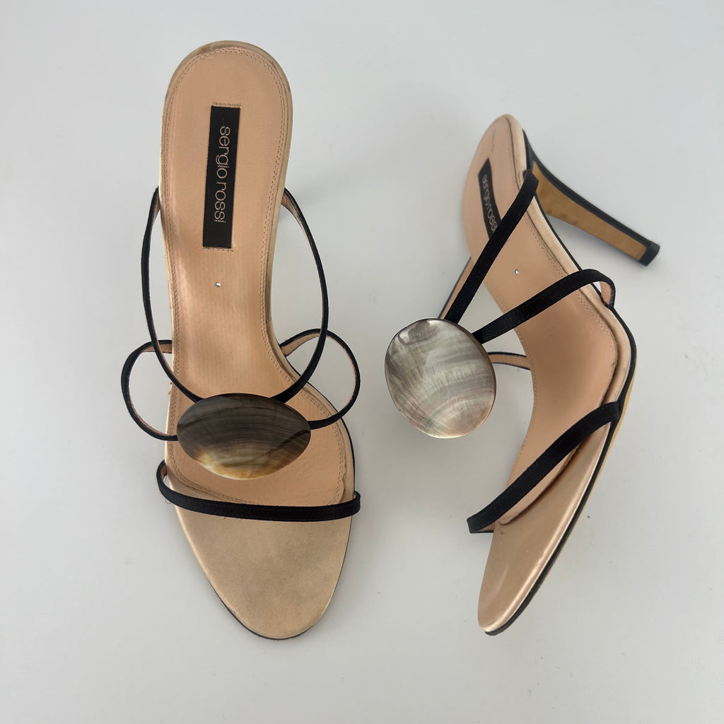 Sergio Rossi | Shell Disc Appliqué Black Strappy Heels (38)