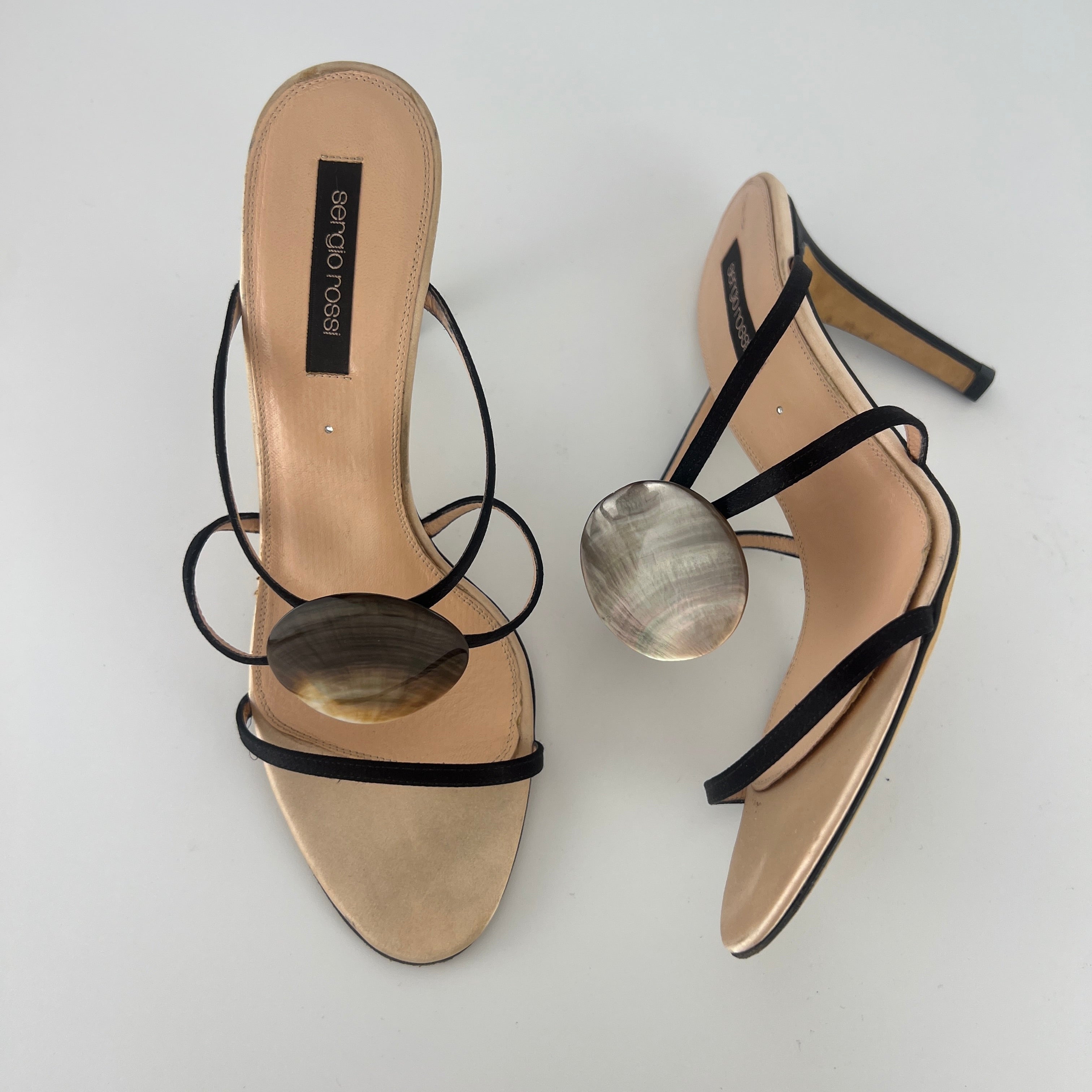 Sergio Rossi | Shell Disc Appliqué Black Strappy Heels (38)