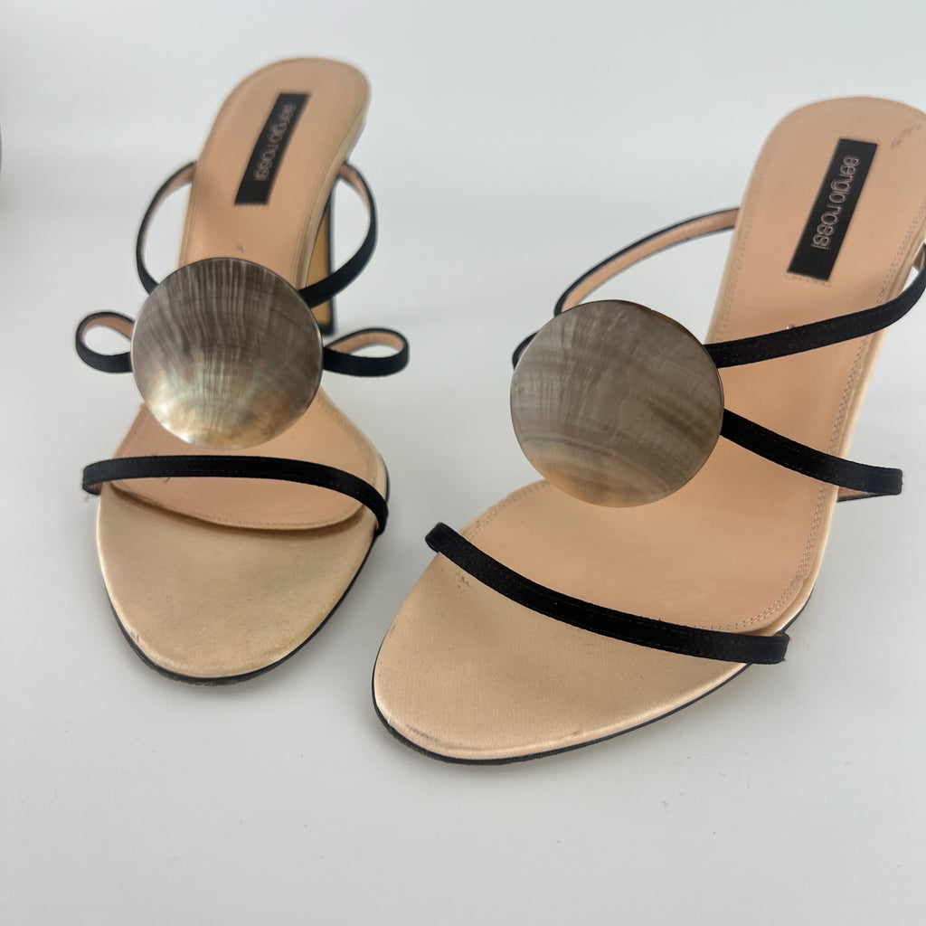 Sergio Rossi | Shell Disc Appliqué Black Strappy Heels (38)