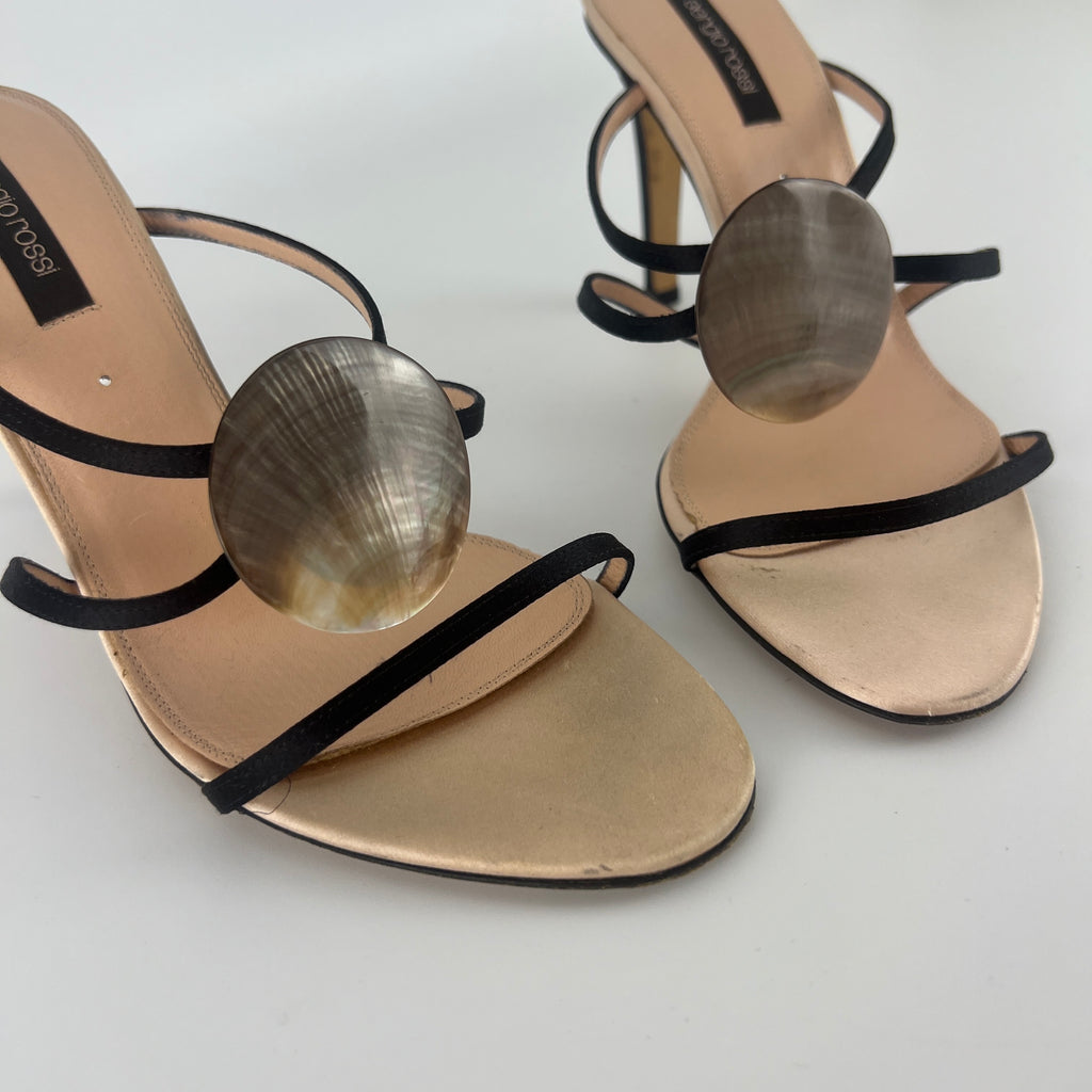 Sergio Rossi | Shell Disc Appliqué Black Strappy Heels (38)