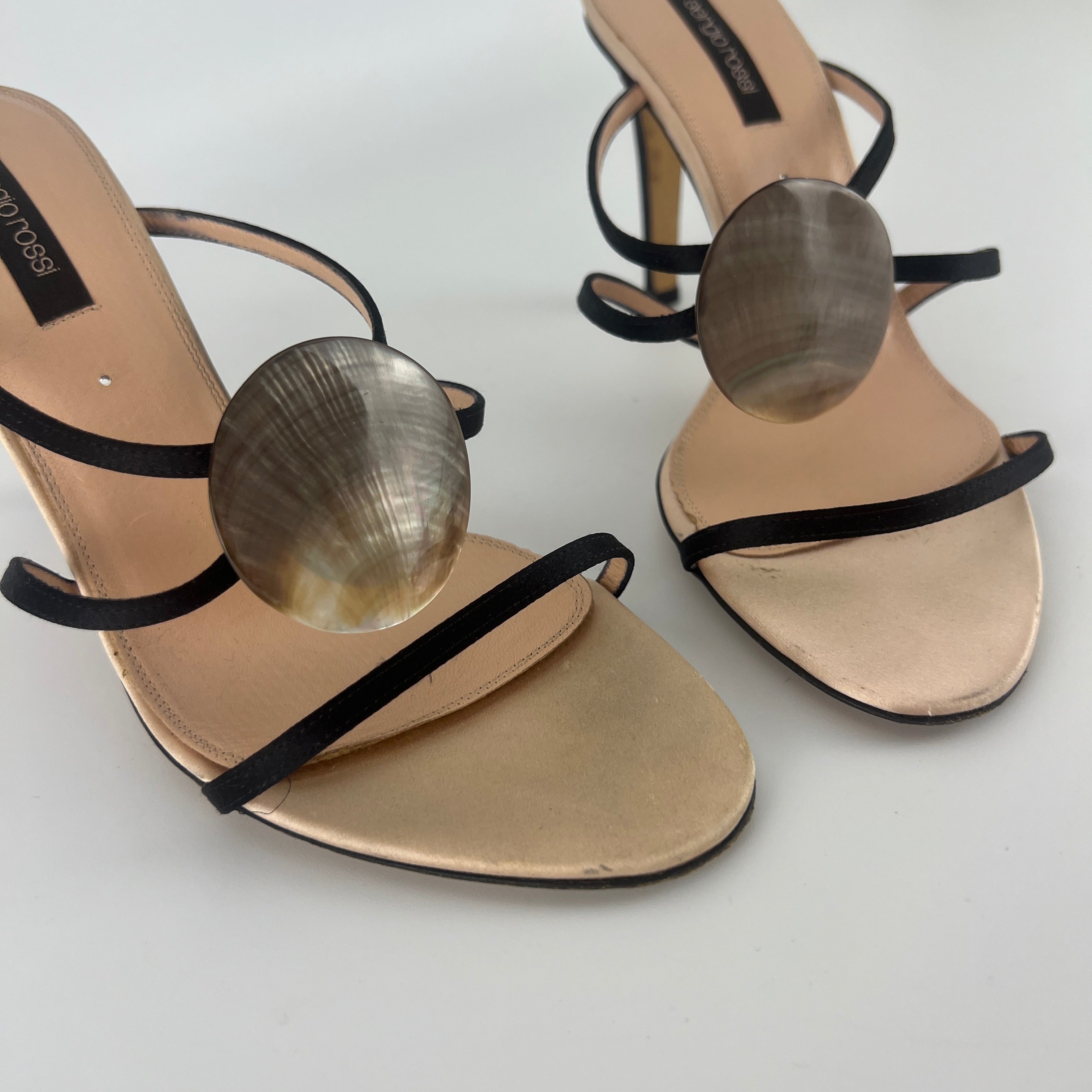 Sergio Rossi | Shell Disc Appliqué Black Strappy Heels (38)